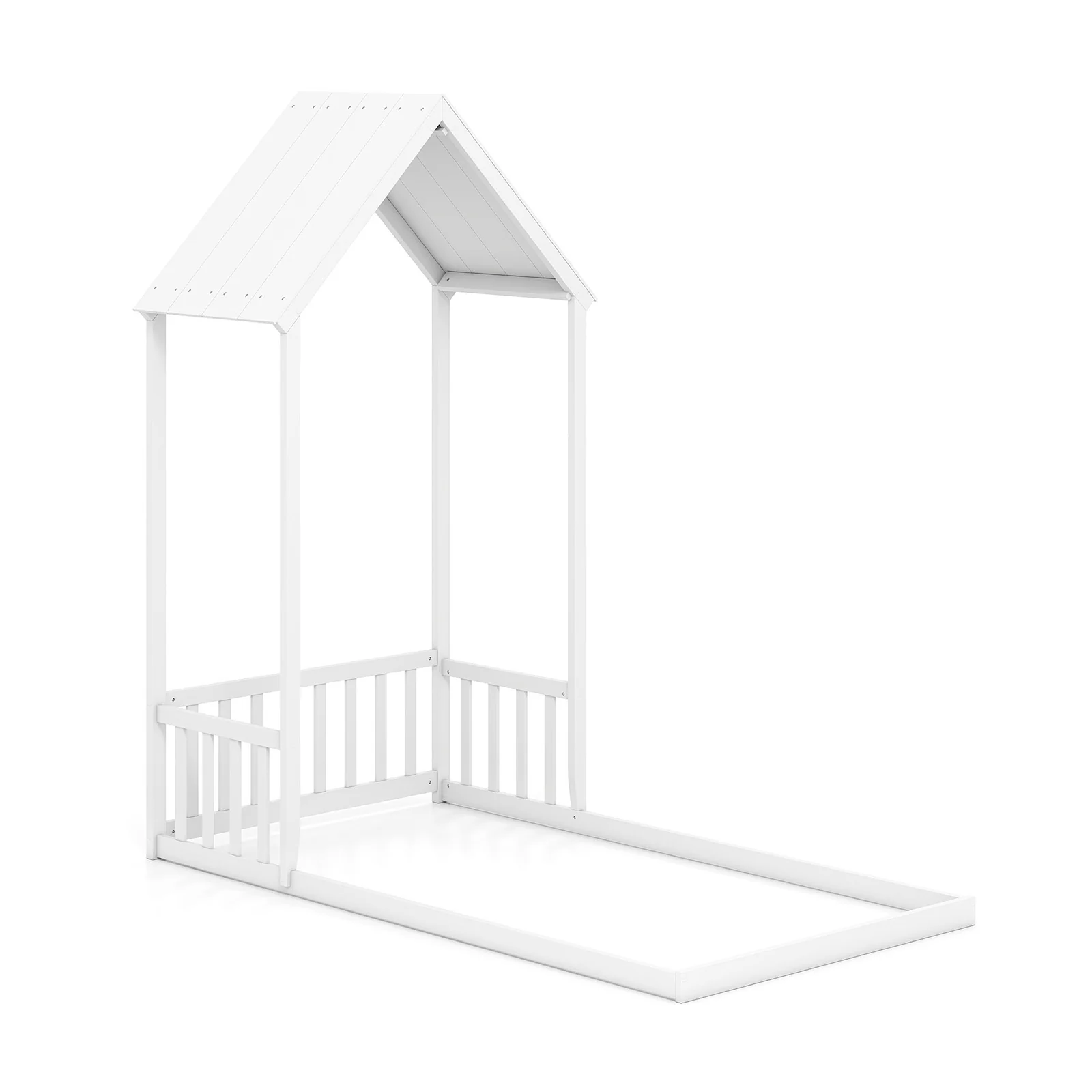 Twin Size House Bed, With Roof And Fence, White