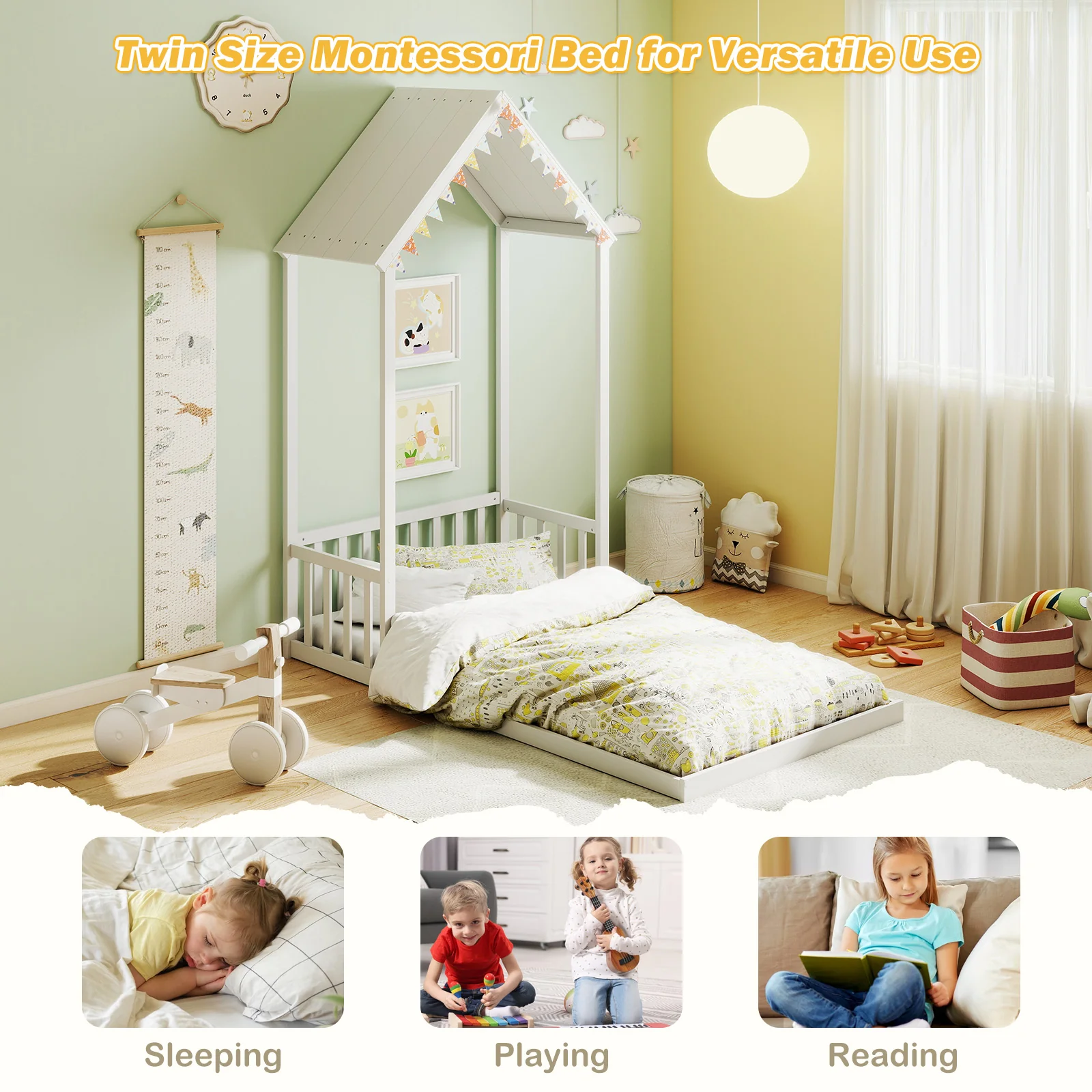 Twin Size House Bed, With Roof And Fence, White - Image 10