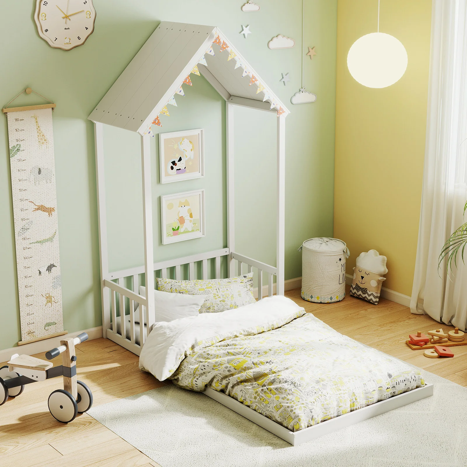 Twin Size House Bed, With Roof And Fence, White - Image 2