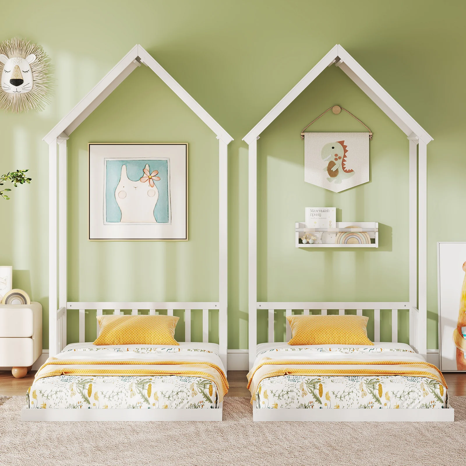 Twin Size House Bed, With Roof And Fence, White - Image 3