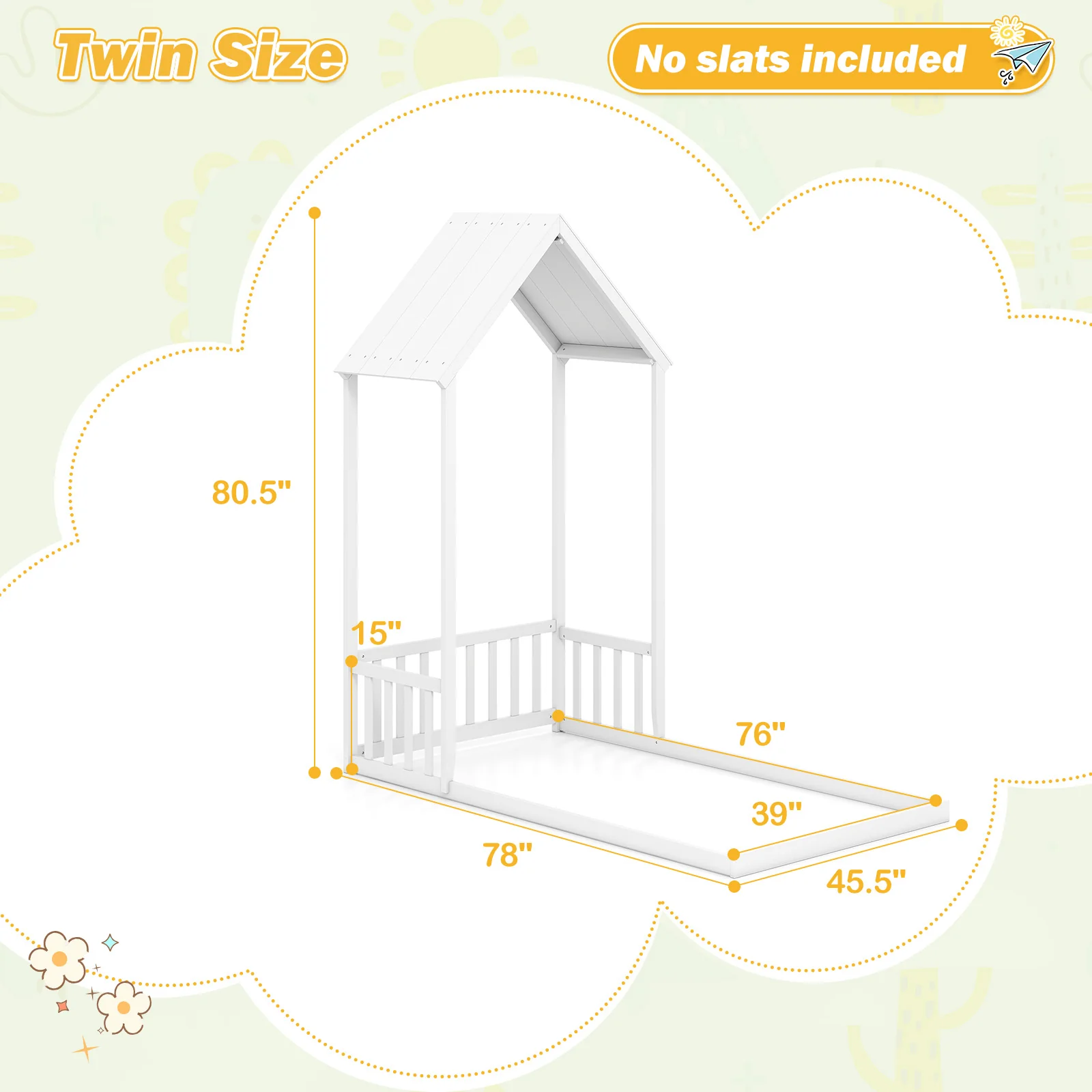 Twin Size House Bed, With Roof And Fence, White - Image 5