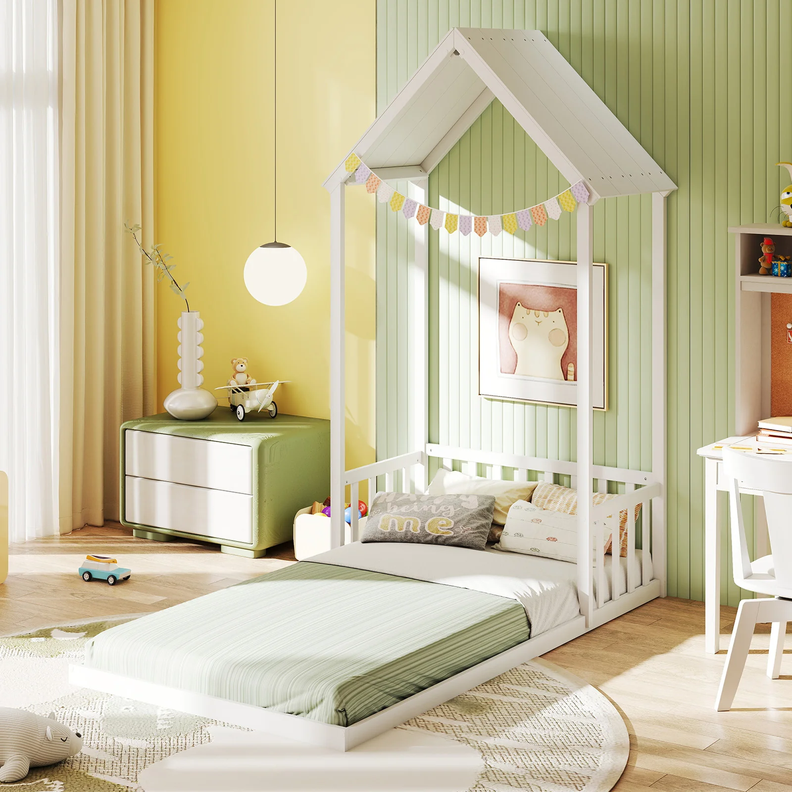 Twin Size House Bed, With Roof And Fence, White - Image 6