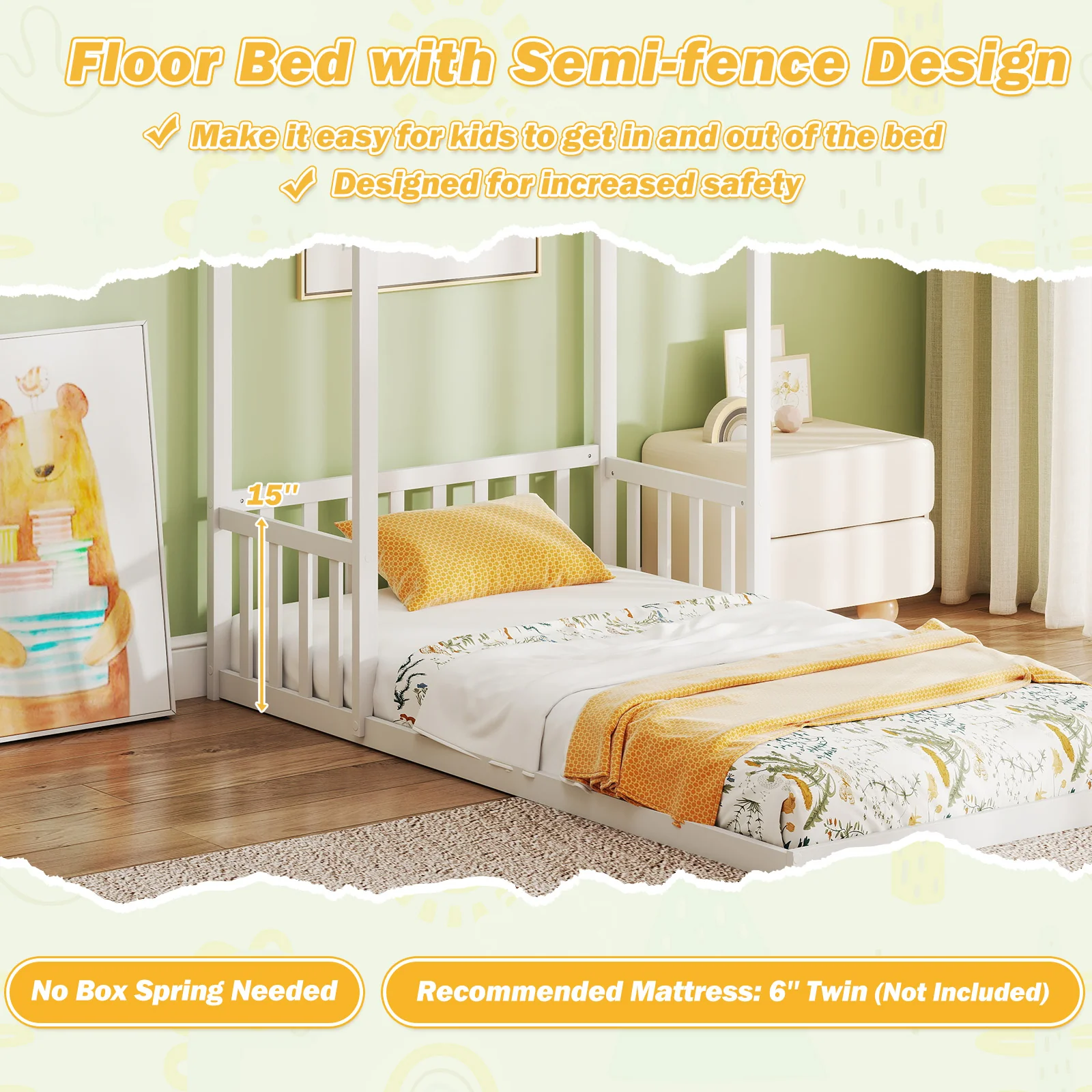 Twin Size House Bed, With Roof And Fence, White - Image 8