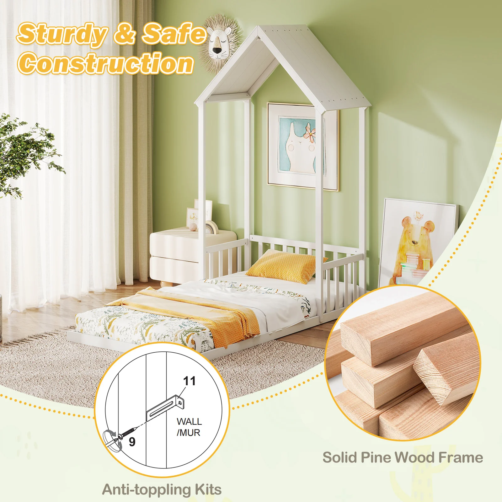 Twin Size House Bed, With Roof And Fence, White - Image 9