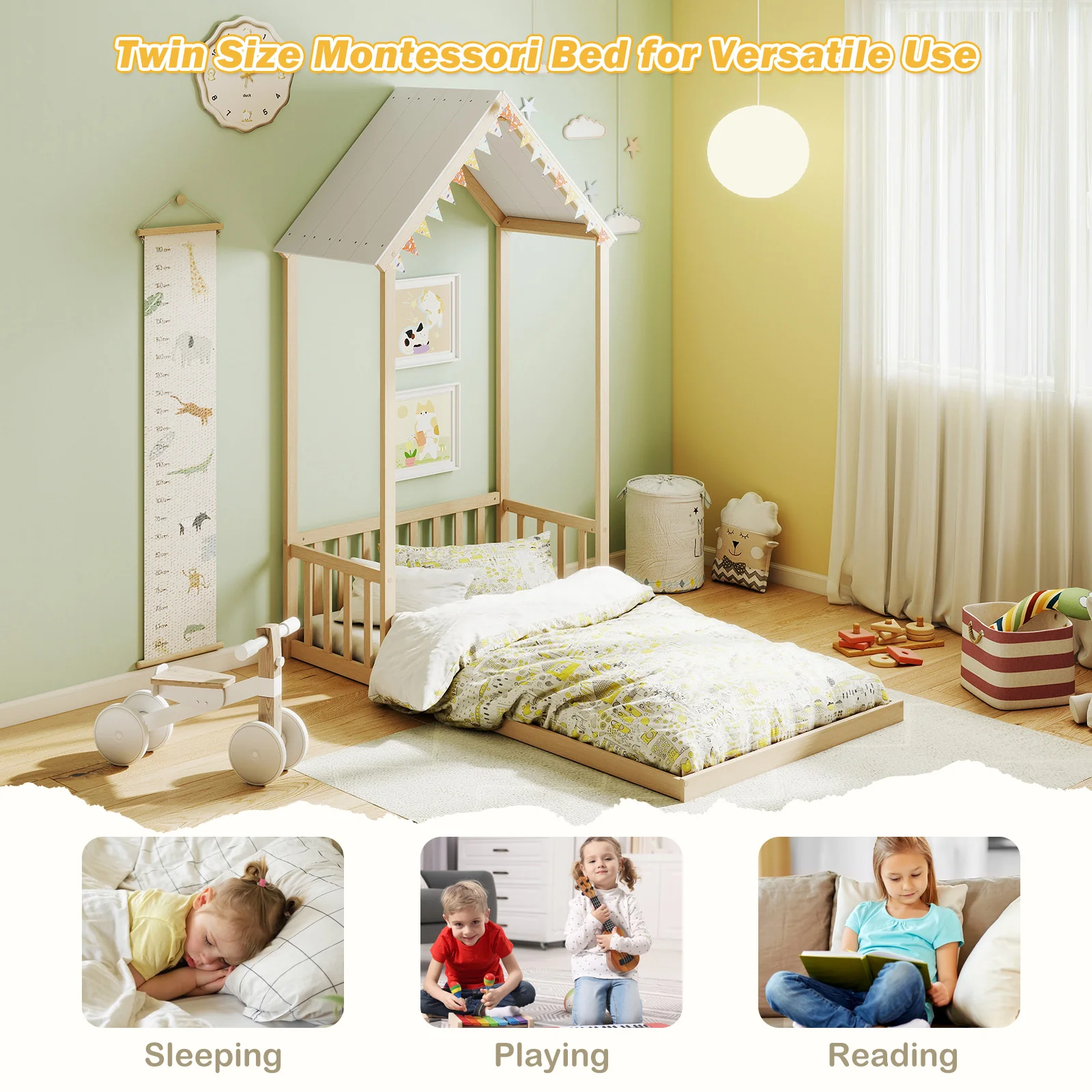 Twin Size House Bed With Roof, Semi-Fence, Natural - Image 10