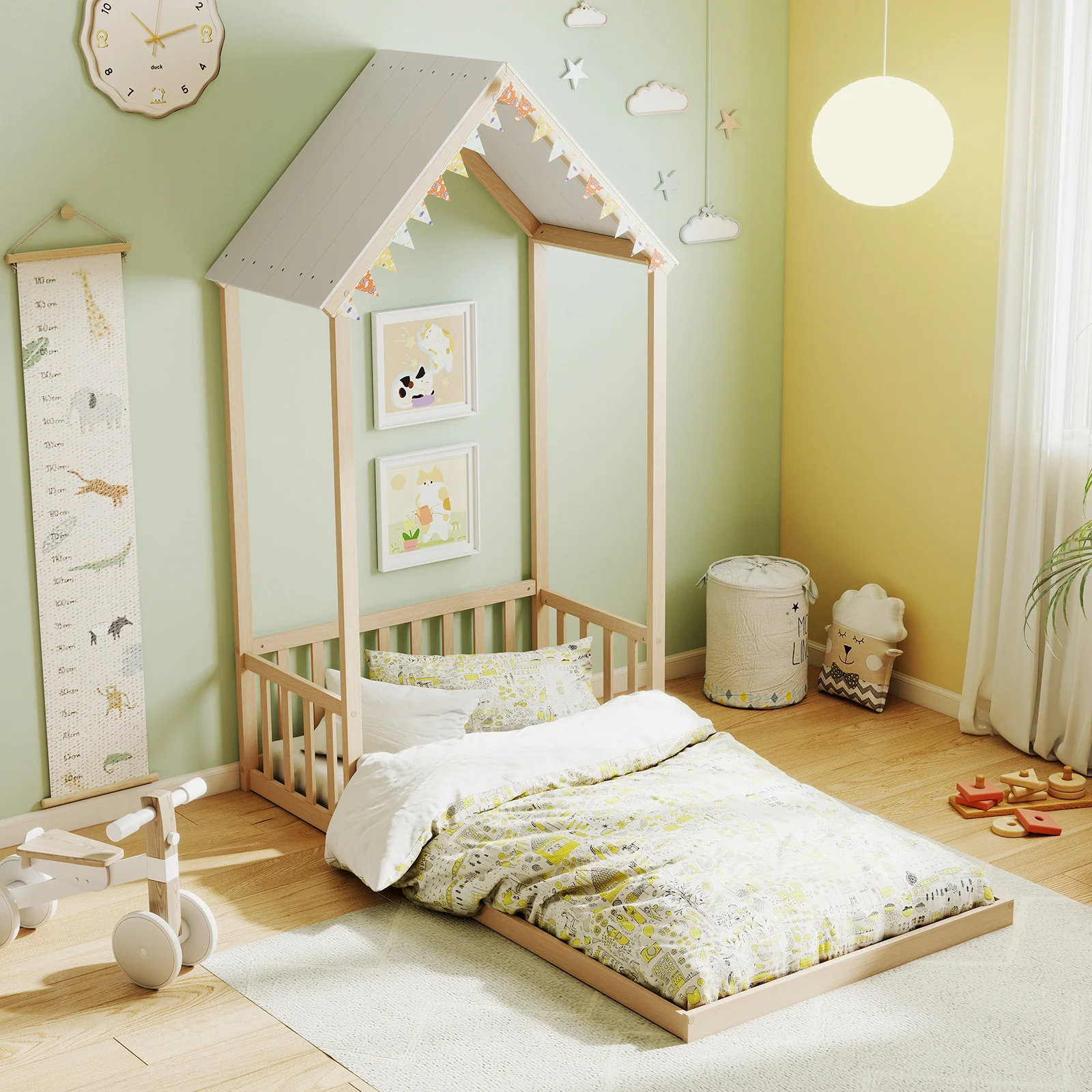 Twin Size House Bed With Roof, Semi-Fence, Natural - Image 2