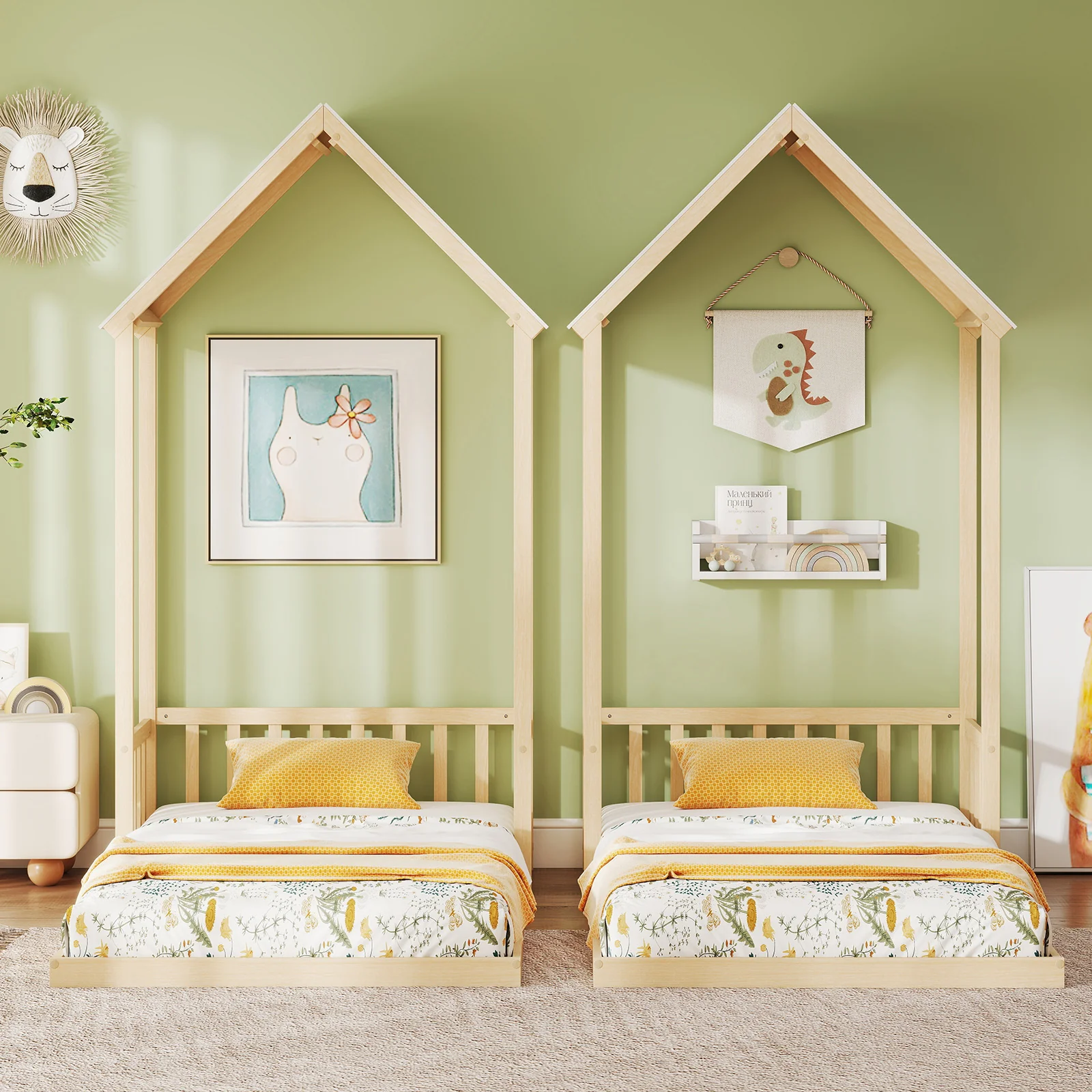Twin Size House Bed With Roof, Semi-Fence, Natural - Image 3