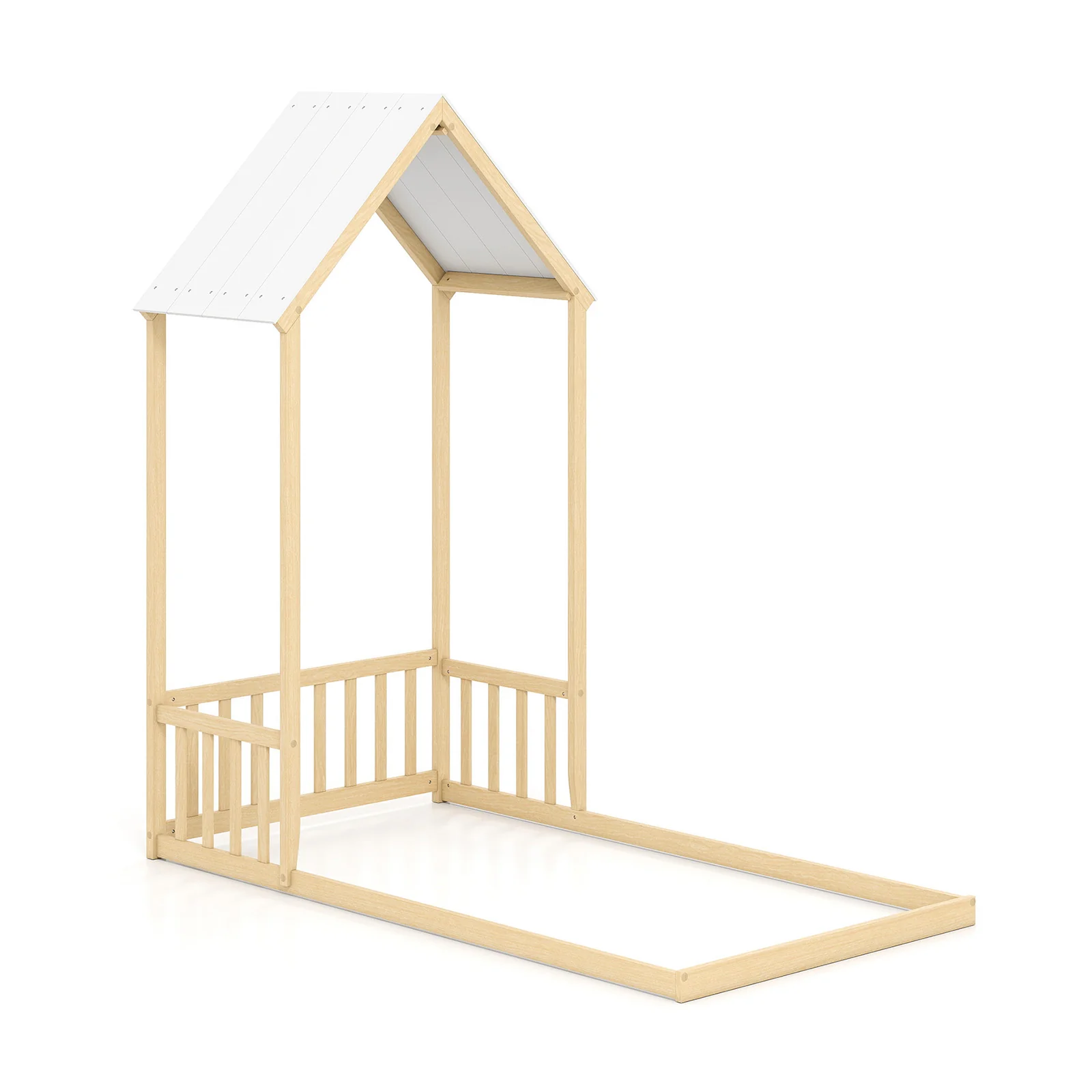 Twin Size House Bed With Roof, Semi-Fence, Natural - Image 4