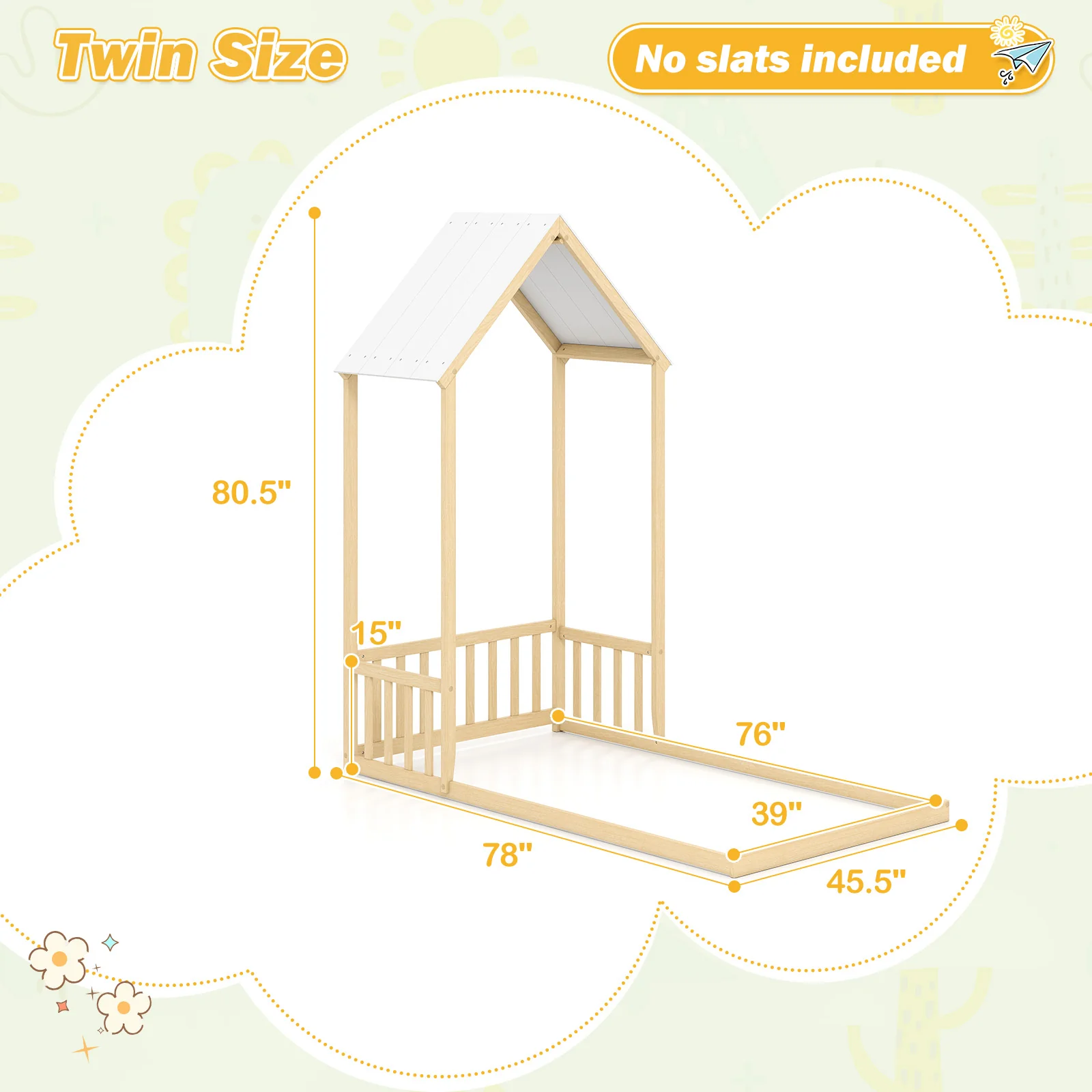 Twin Size House Bed With Roof, Semi-Fence, Natural - Image 5