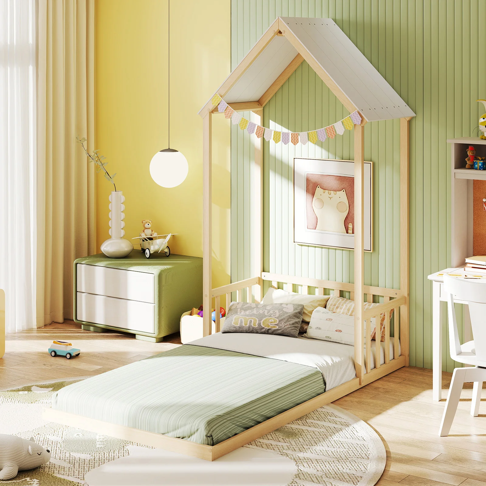 Twin Size House Bed With Roof, Semi-Fence, Natural - Image 6