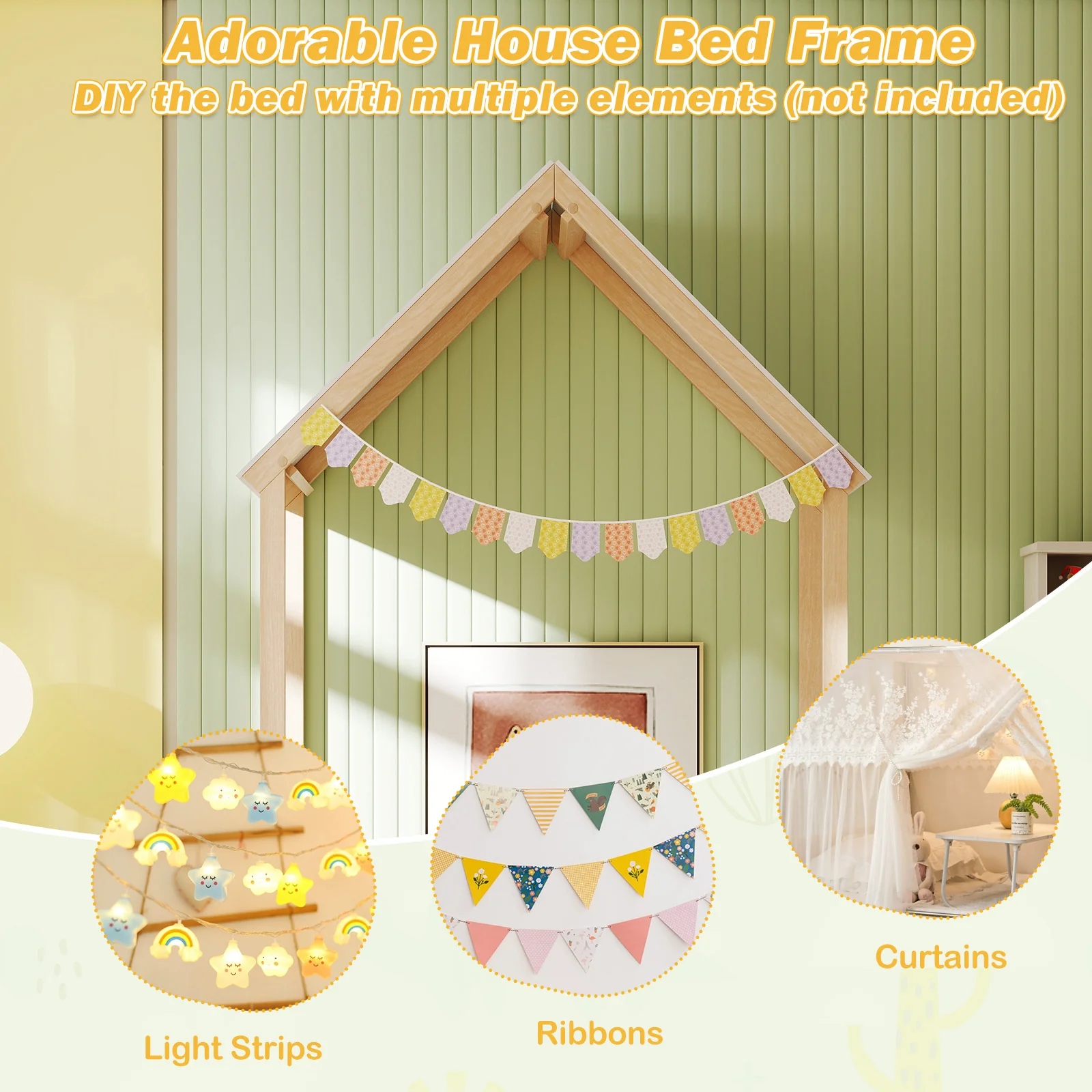 Twin Size House Bed With Roof, Semi-Fence, Natural - Image 7