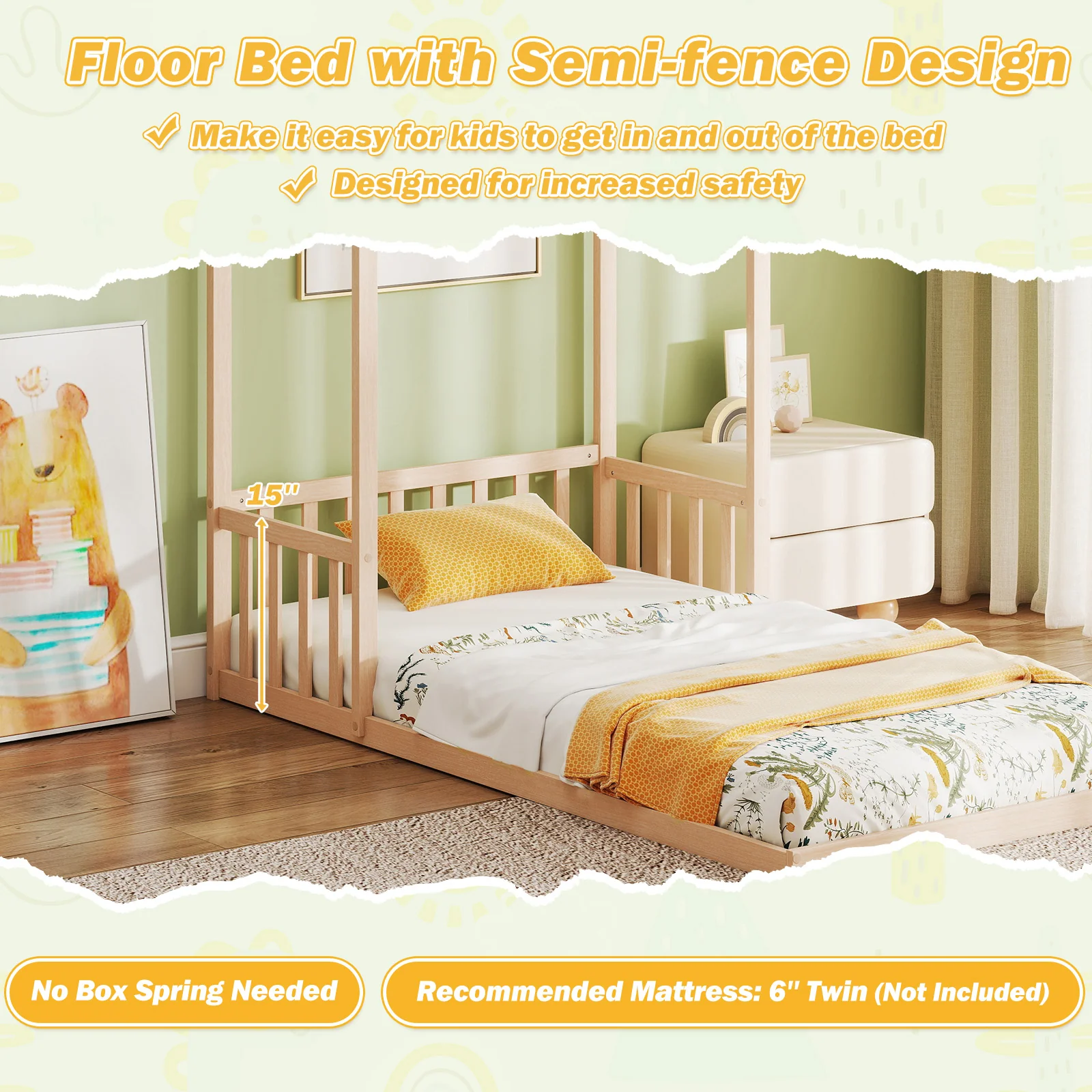 Twin Size House Bed With Roof, Semi-Fence, Natural - Image 8