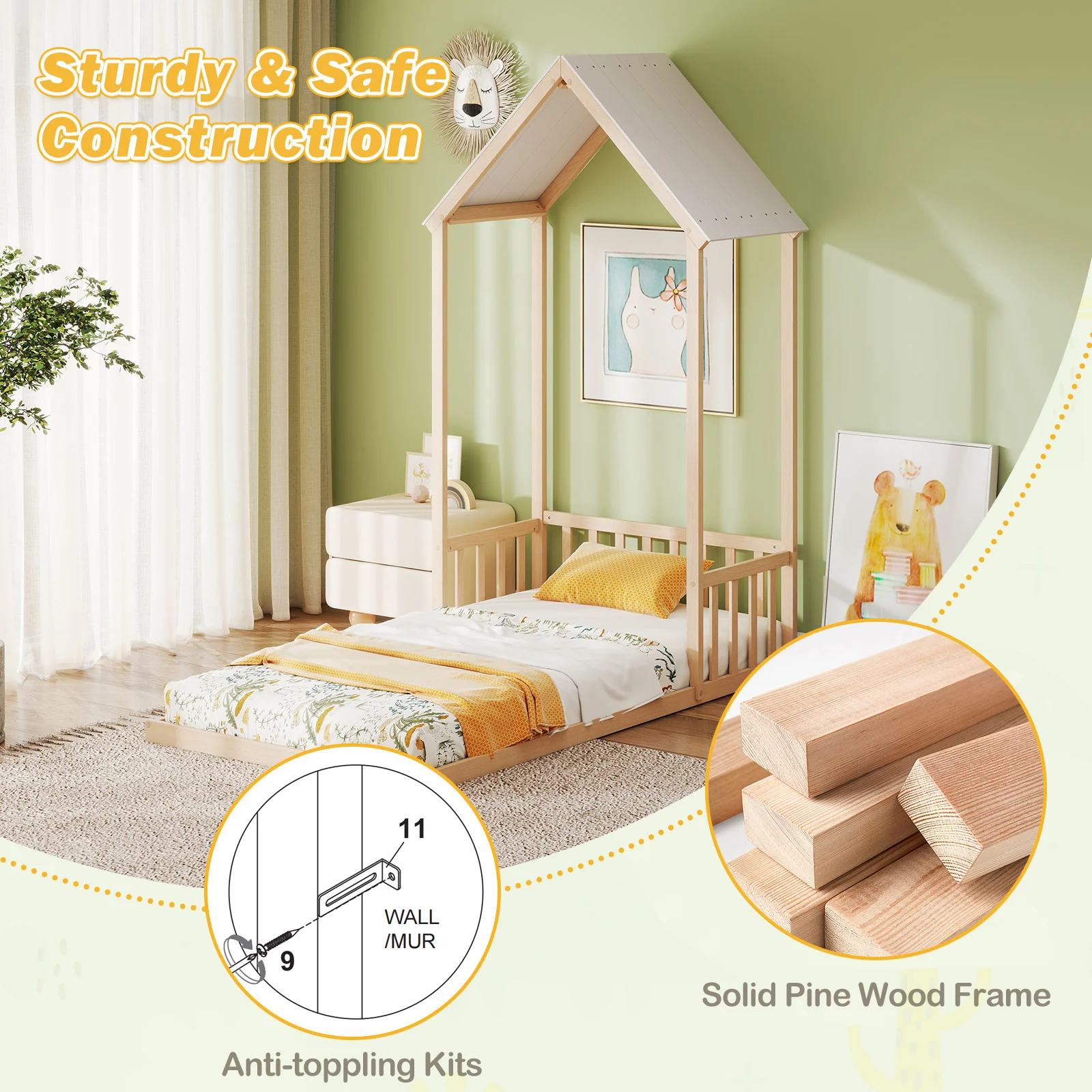 Twin Size House Bed With Roof, Semi-Fence, Natural - Image 9