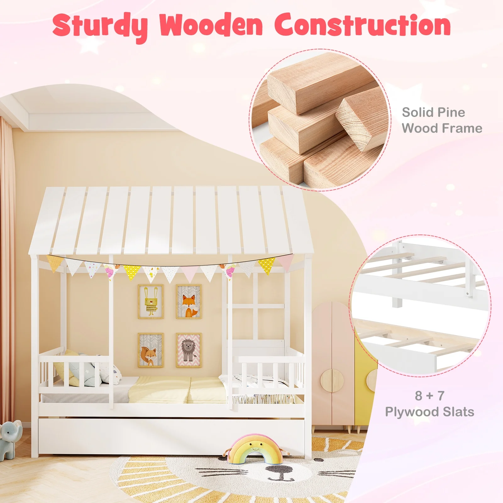 Twin Size House Bed With Trundle, Platform, Roof Window, White - Image 10
