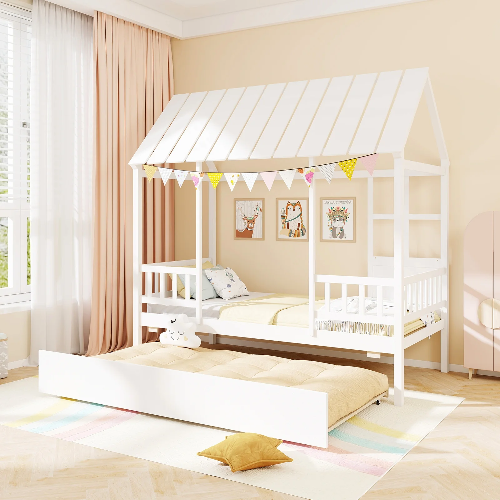 Twin Size House Bed With Trundle, Platform, Roof Window, White - Image 3