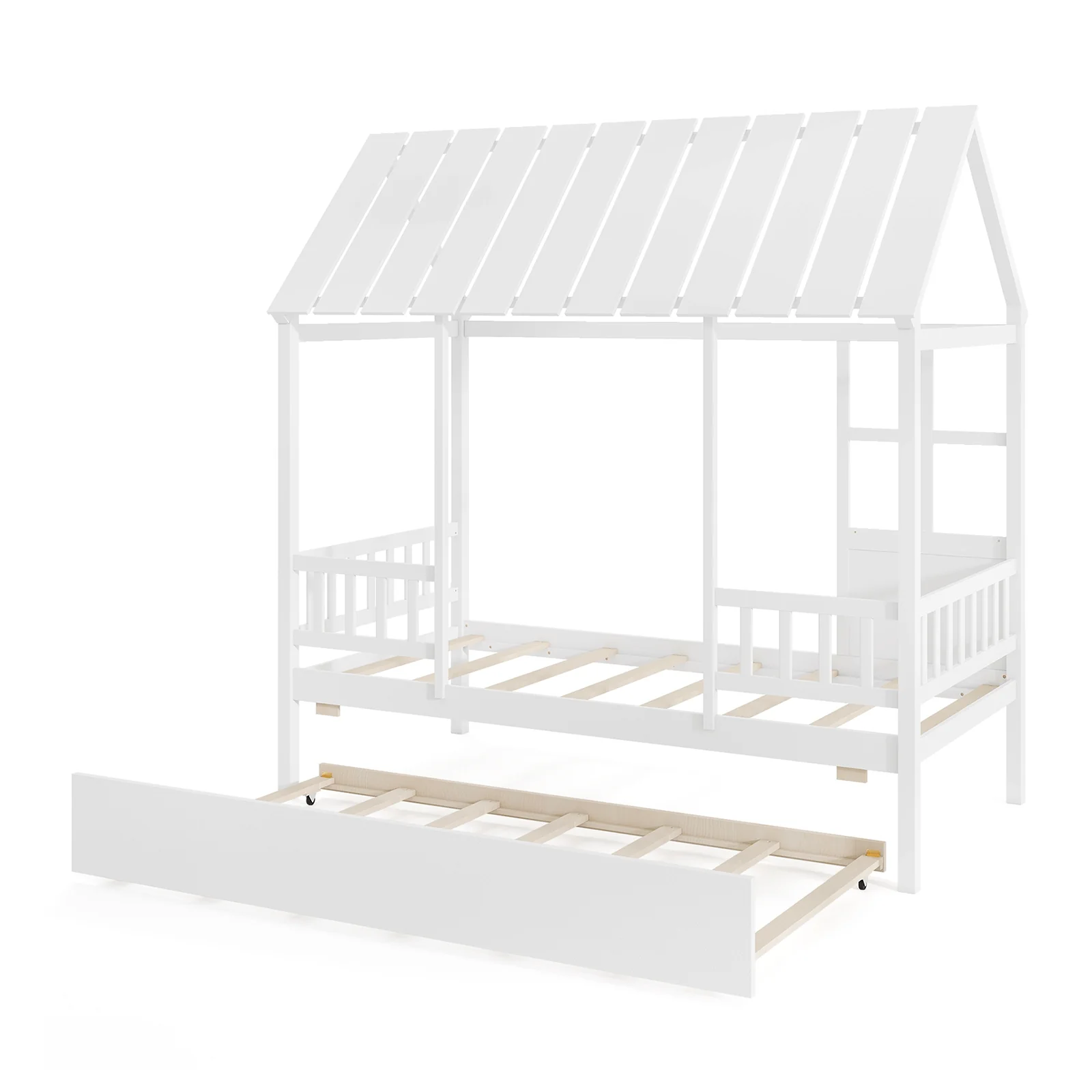 Twin Size House Bed With Trundle, Platform, Roof Window, White - Image 4