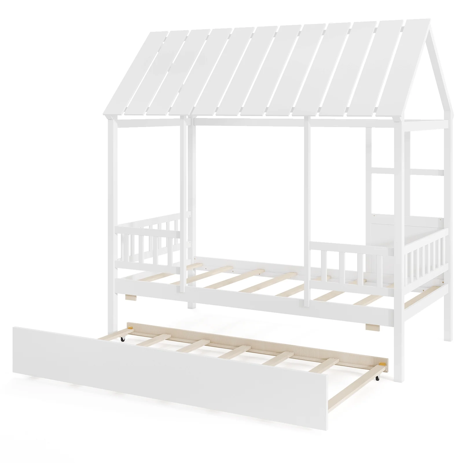 Twin Size House Bed With Trundle, Platform, Roof Window, White - Image 9