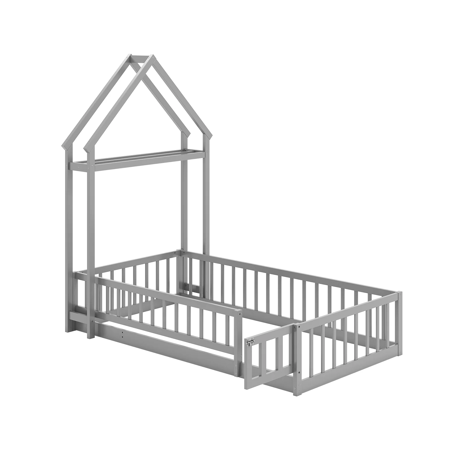 Twin Size House Floor Bed, House Shaped Headboard, Gray - Image 5