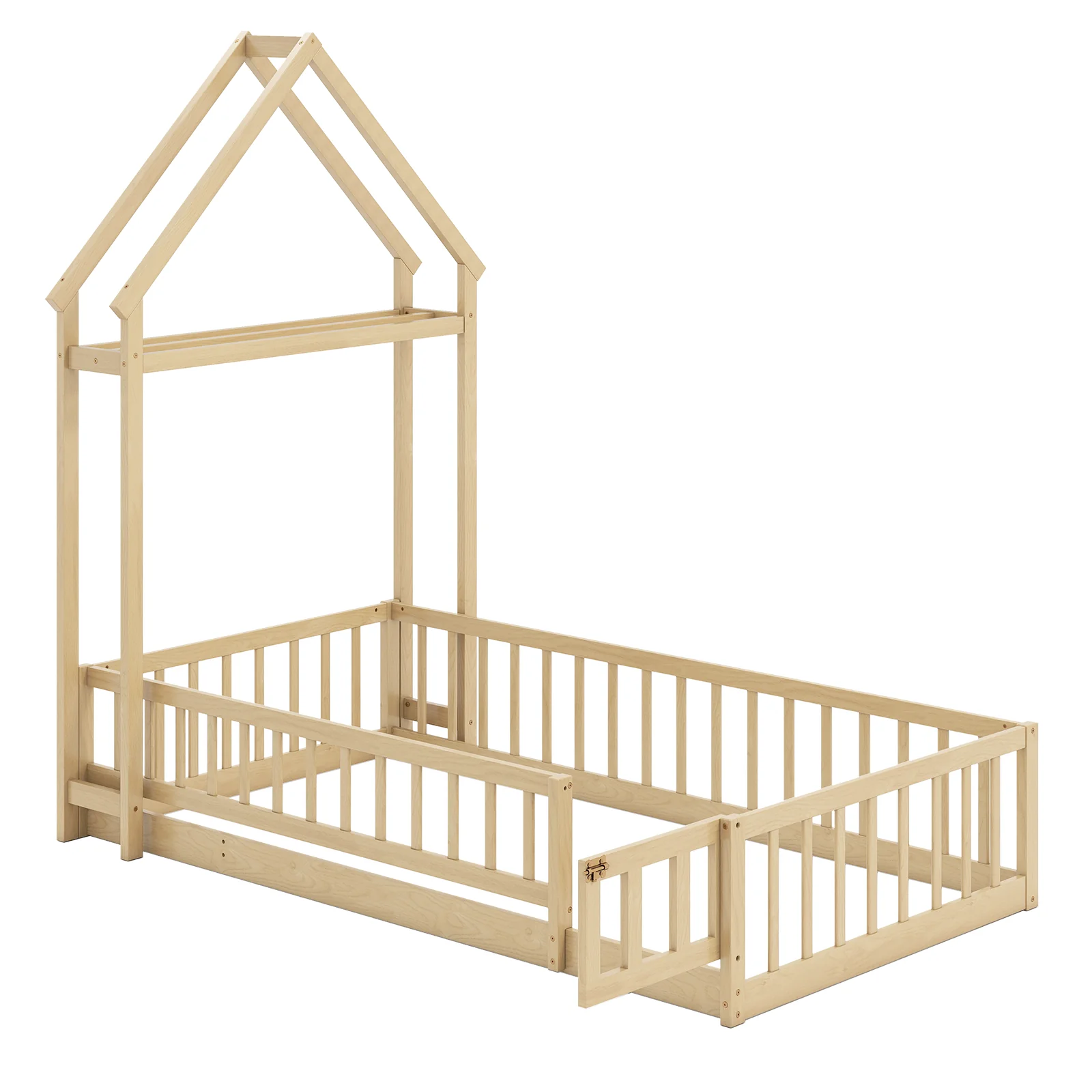 Twin Size House Floor Bed, House Shaped Headboard, Natural