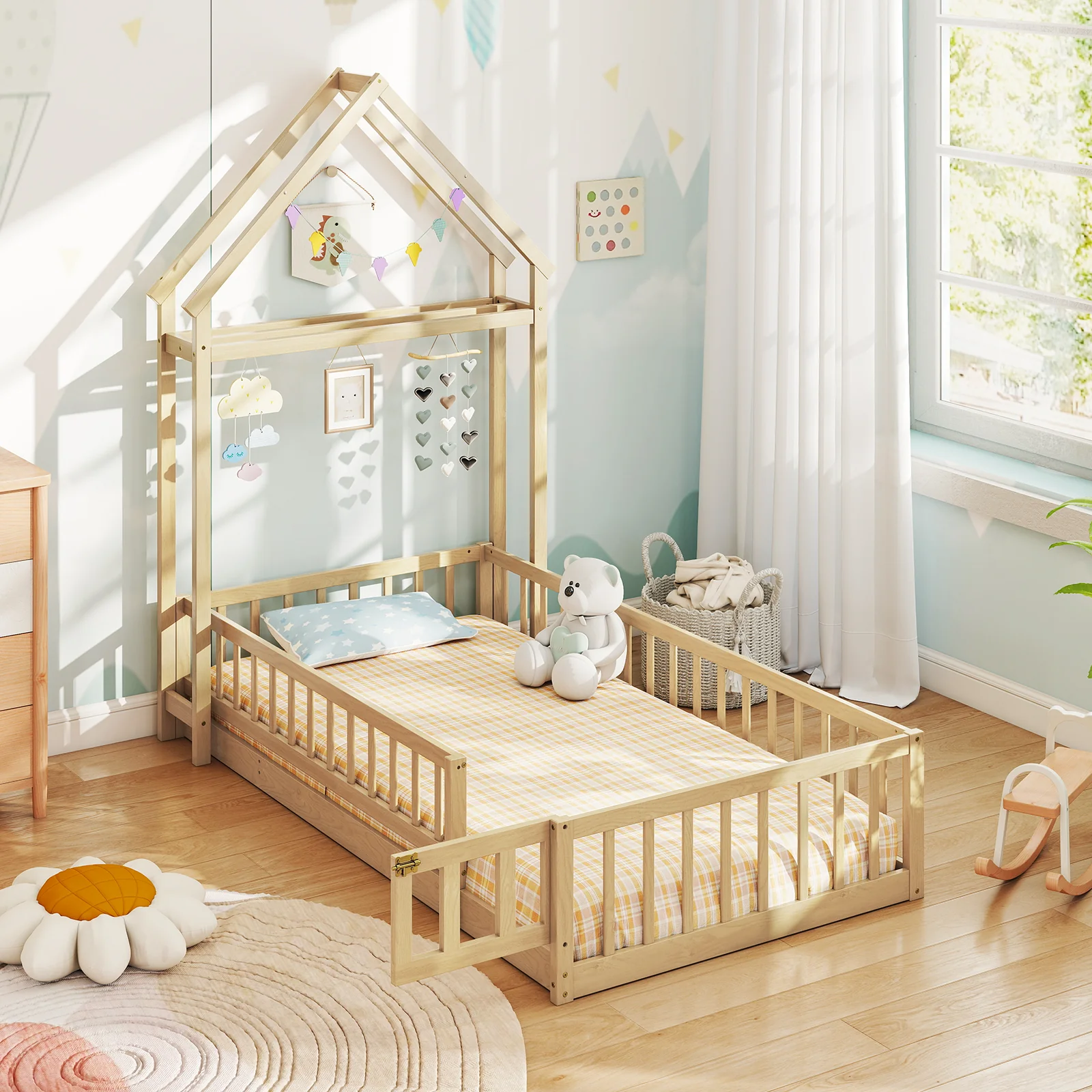 Twin Size House Floor Bed, House Shaped Headboard, Natural - Image 2