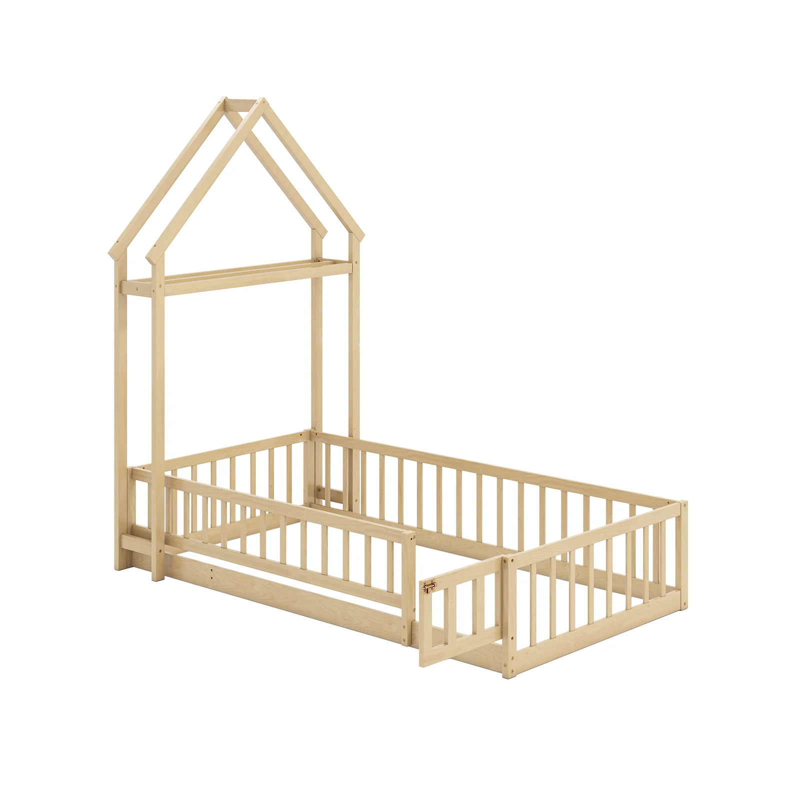 Twin Size House Floor Bed, House Shaped Headboard, Natural - Image 5