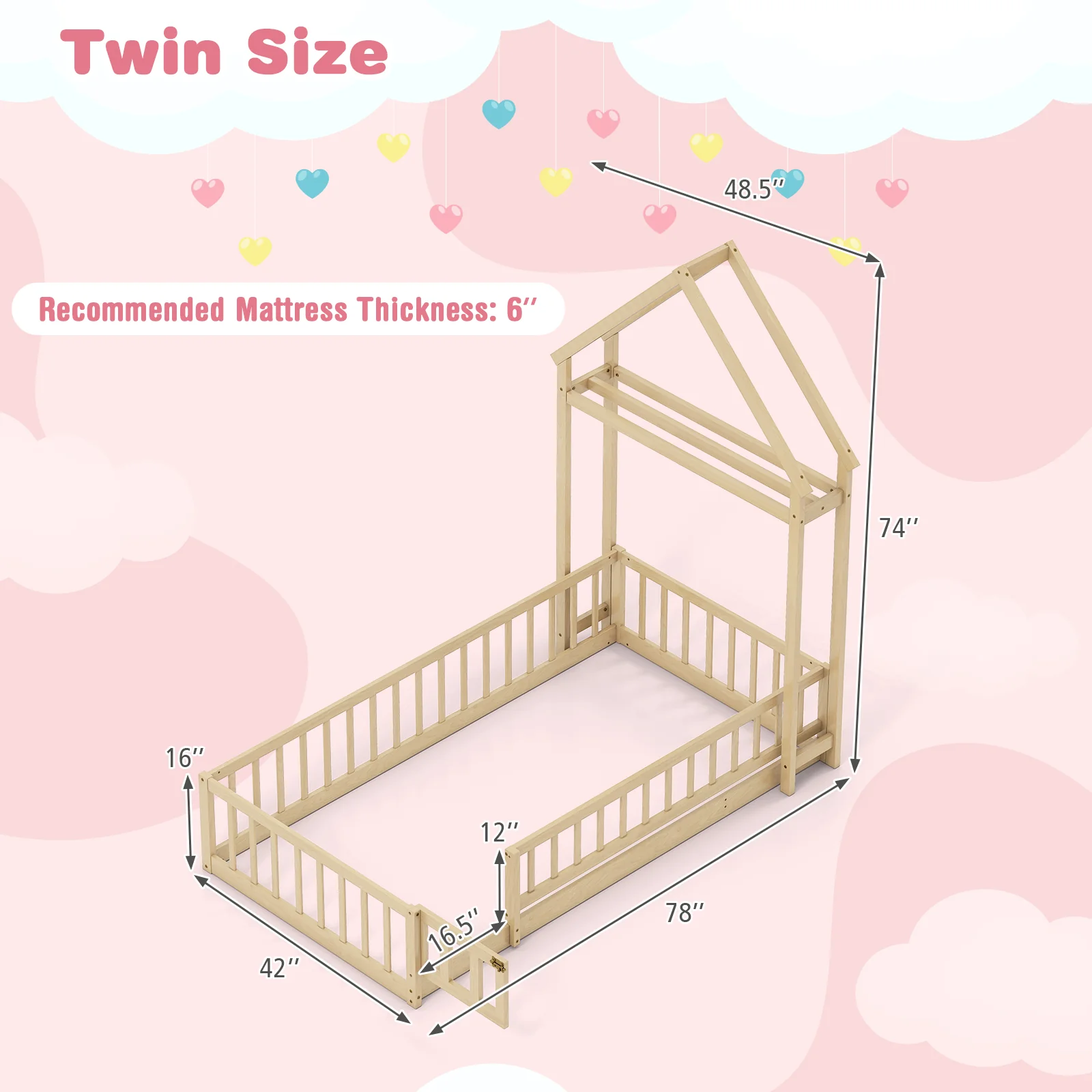 Twin Size House Floor Bed, House Shaped Headboard, Natural - Image 6