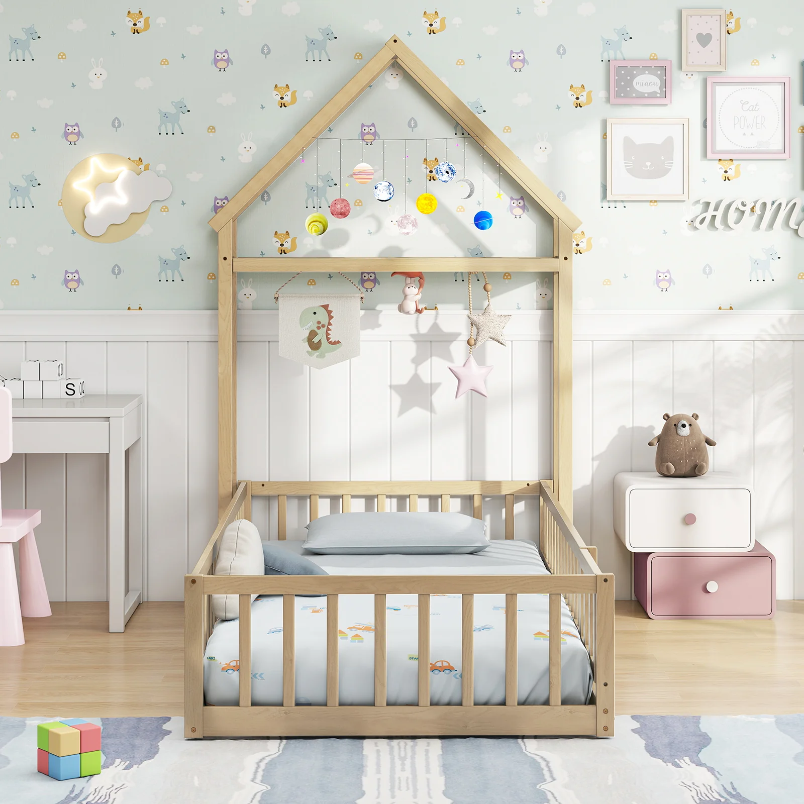 Twin Size House Floor Bed, House Shaped Headboard, Natural - Image 7