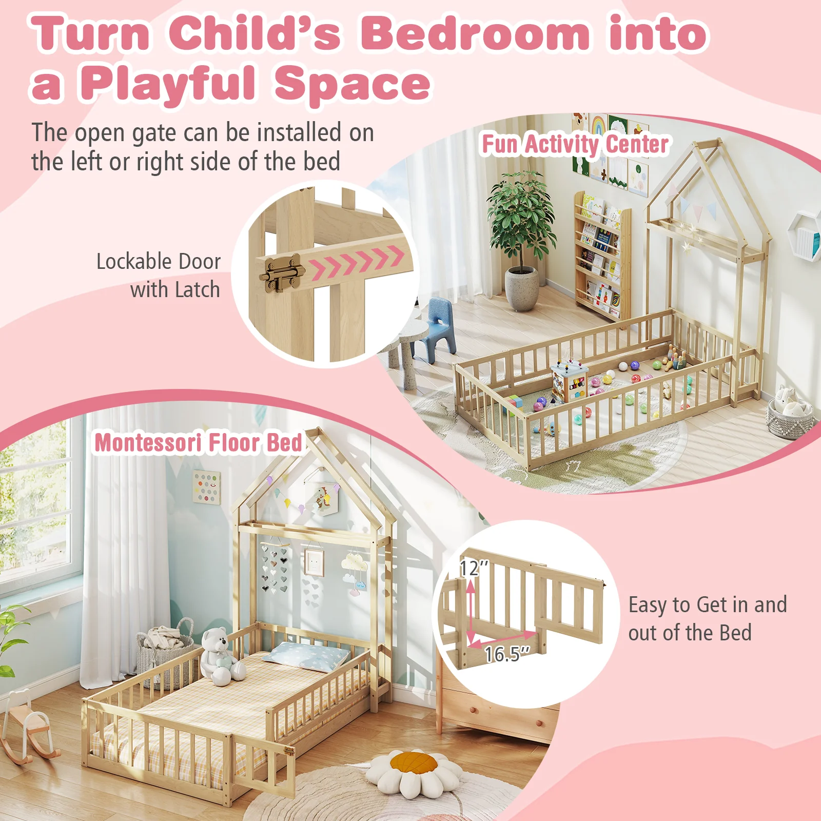 Twin Size House Floor Bed, House Shaped Headboard, Natural - Image 9