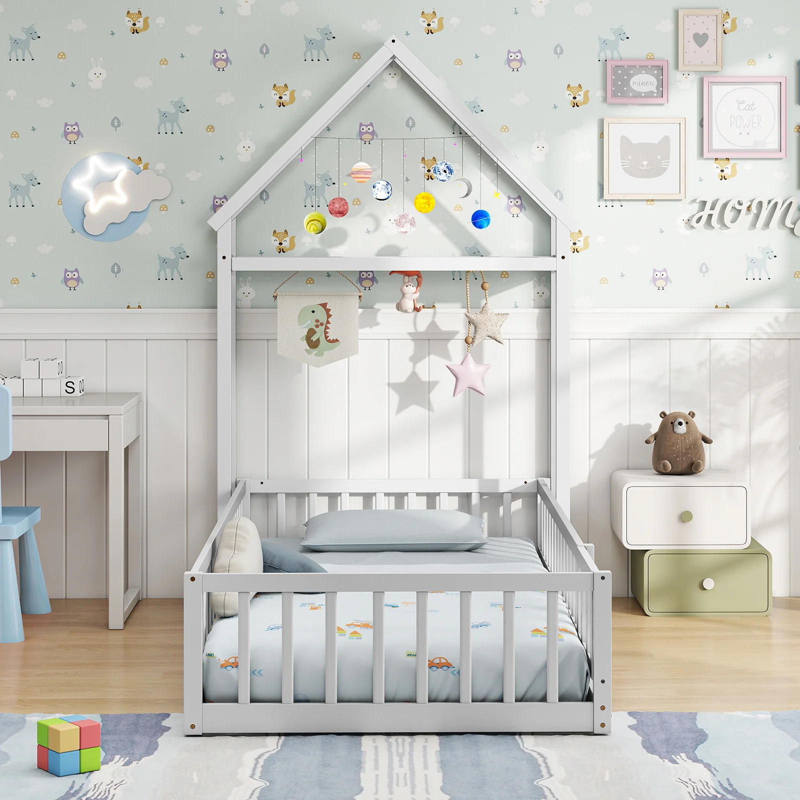Twin Size House Floor Bed, House-Shaped Headboard, White - Image 7