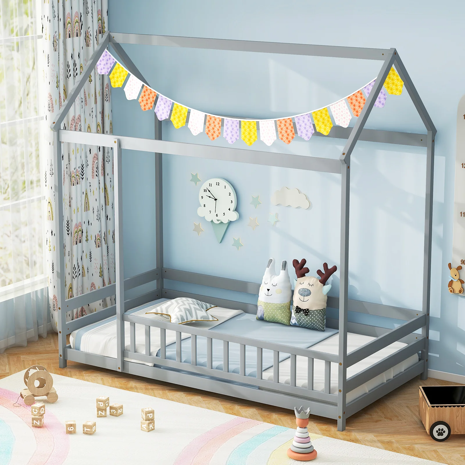 Twin Size Kids House Bed, Wooden Floor Bed, Gray - Image 2