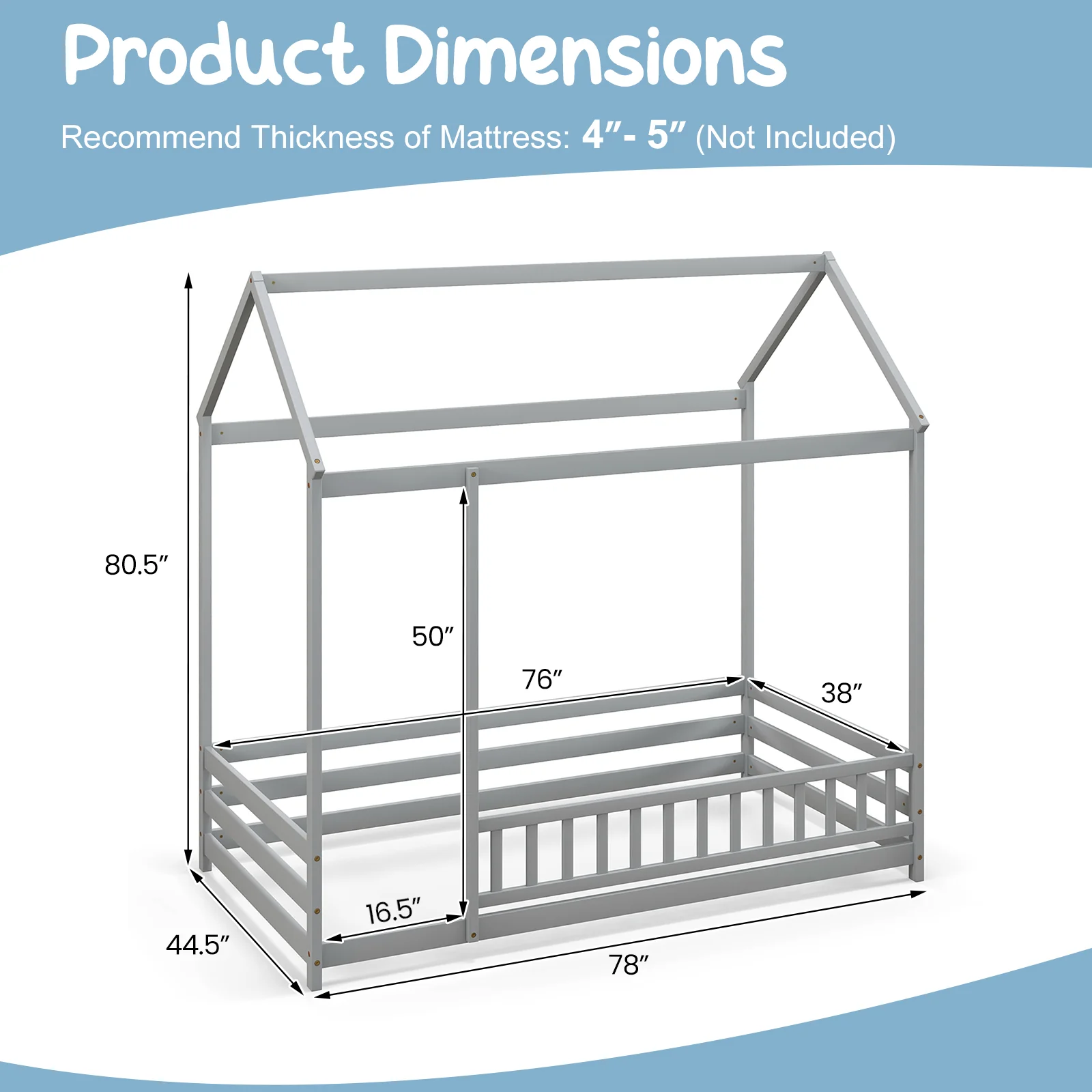 Twin Size Kids House Bed, Wooden Floor Bed, Gray - Image 5