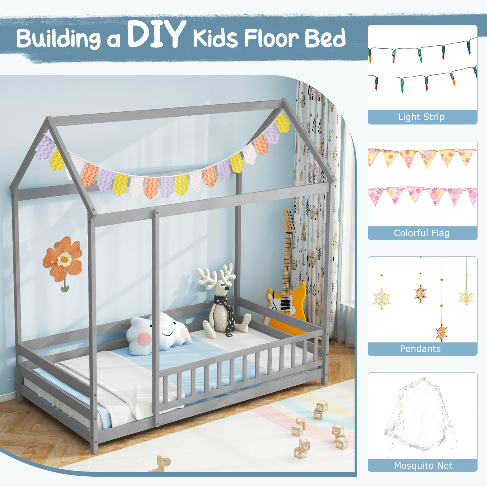 Twin Size Kids House Bed, Wooden Floor Bed, Gray - Image 6