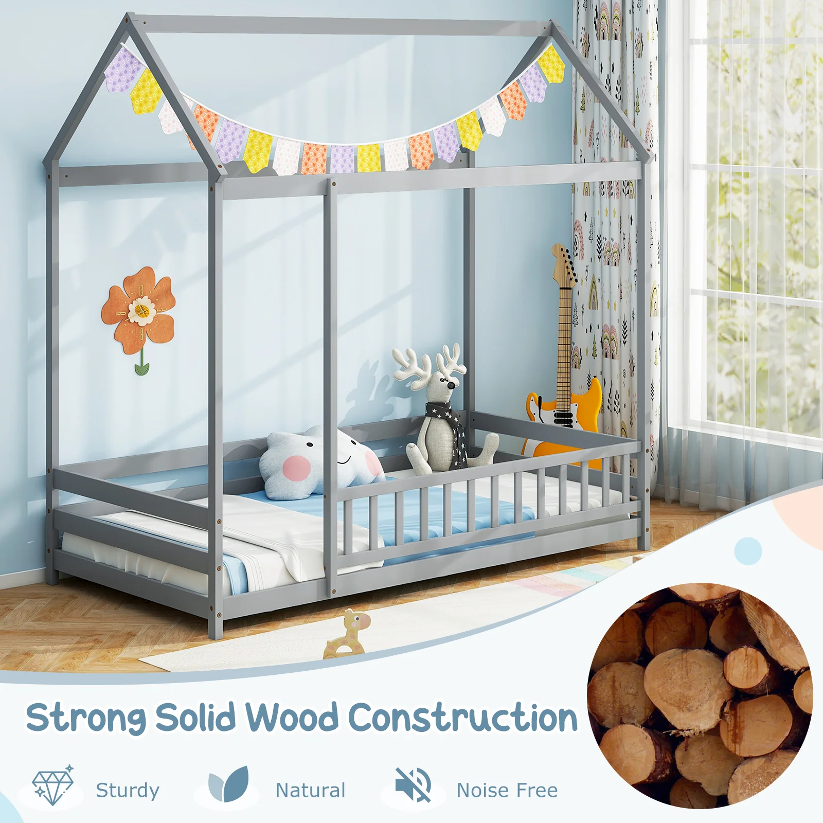 Twin Size Kids House Bed, Wooden Floor Bed, Gray - Image 7