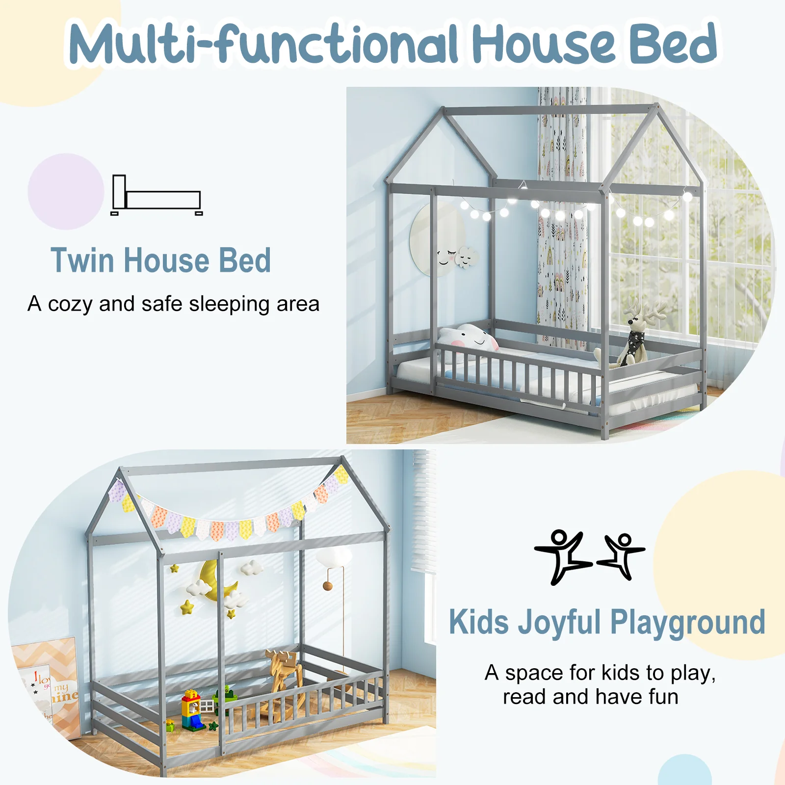 Twin Size Kids House Bed, Wooden Floor Bed, Gray - Image 8