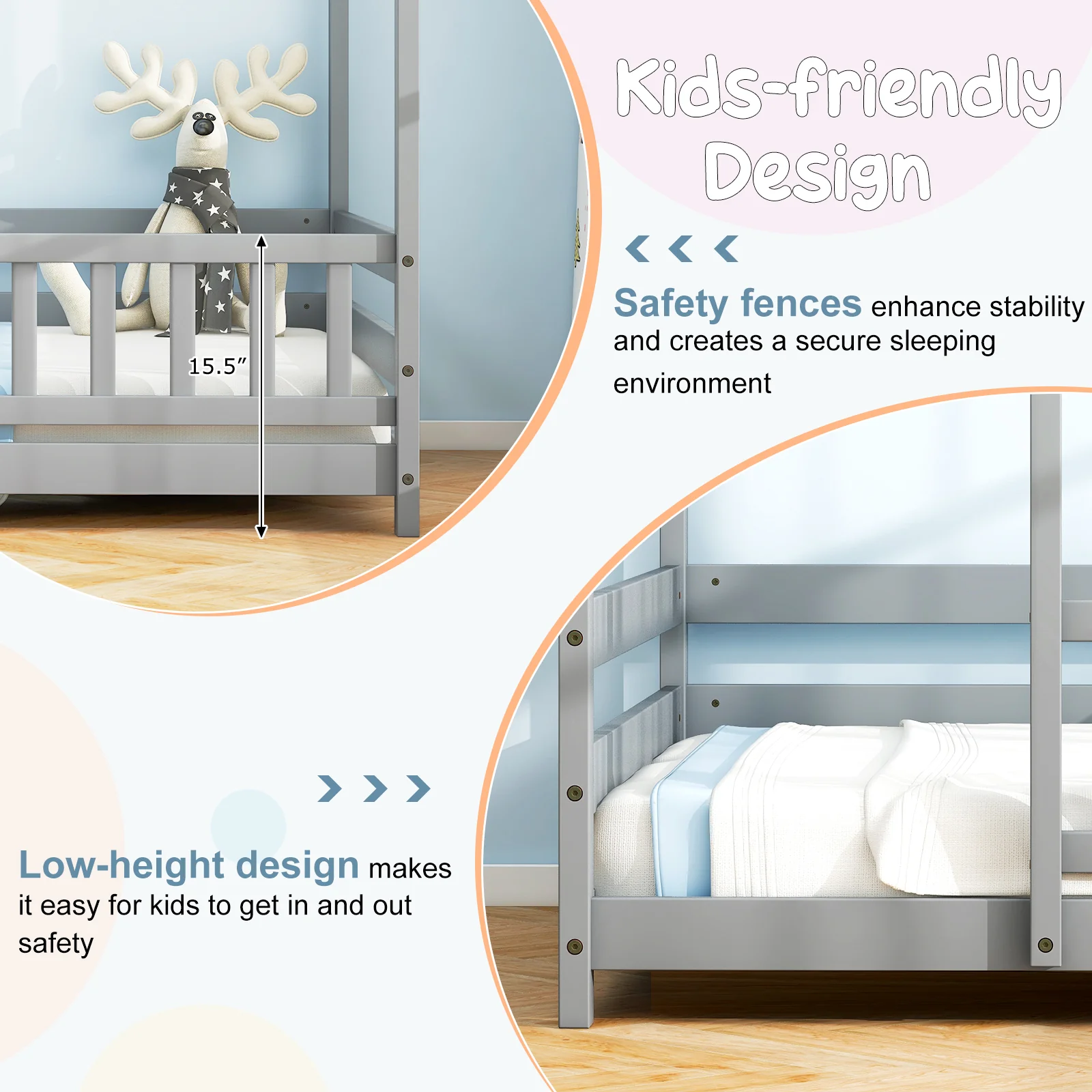 Twin Size Kids House Bed, Wooden Floor Bed, Gray - Image 9