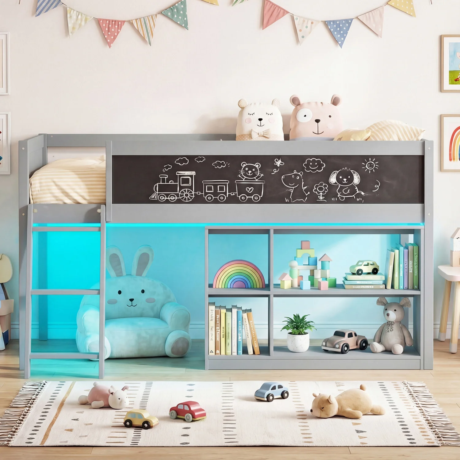 Twin Size Kids Loft Bed with LED Lights and Removable Bookcase, Gray - Image 10
