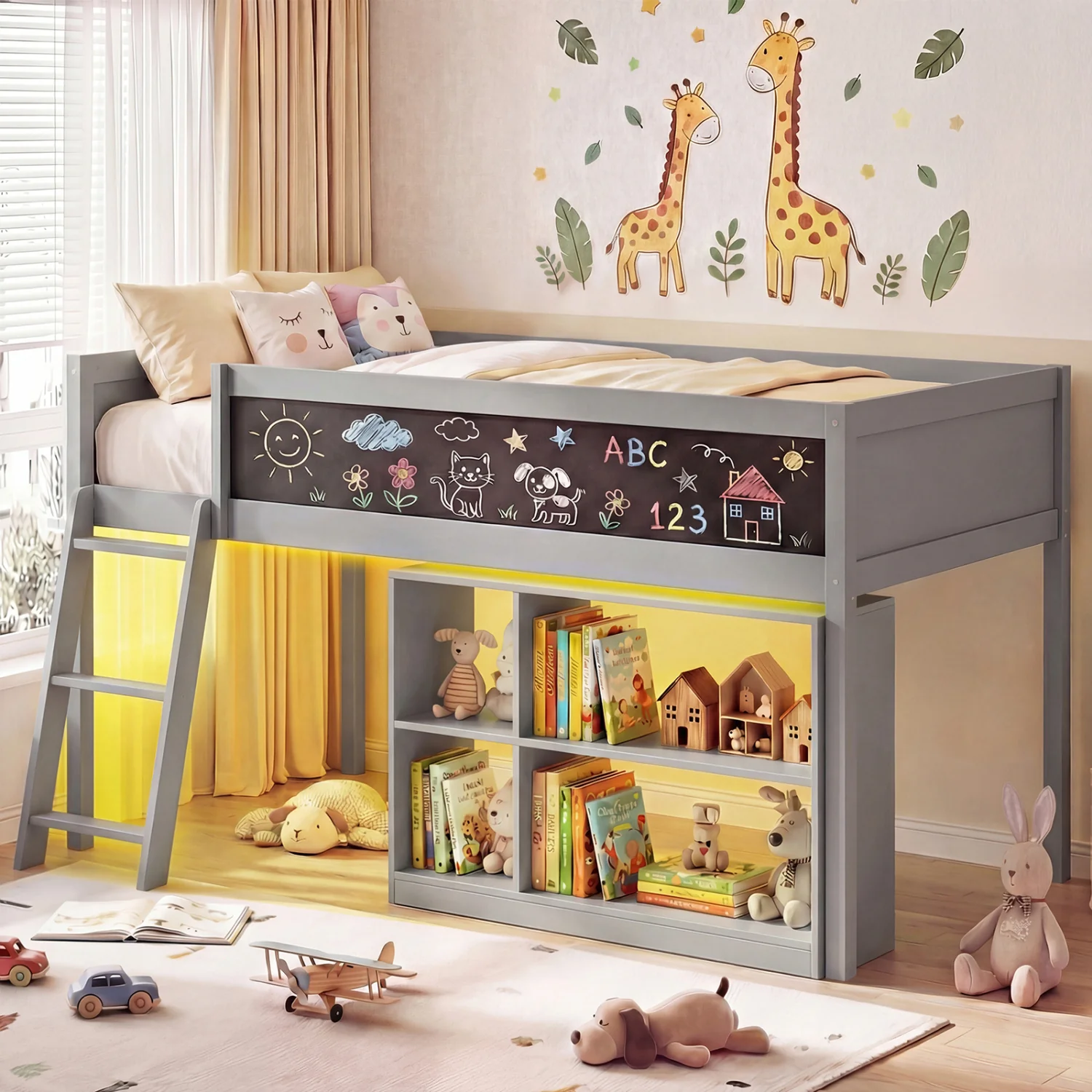 Twin Size Kids Loft Bed with LED Lights and Removable Bookcase, Gray - Image 2