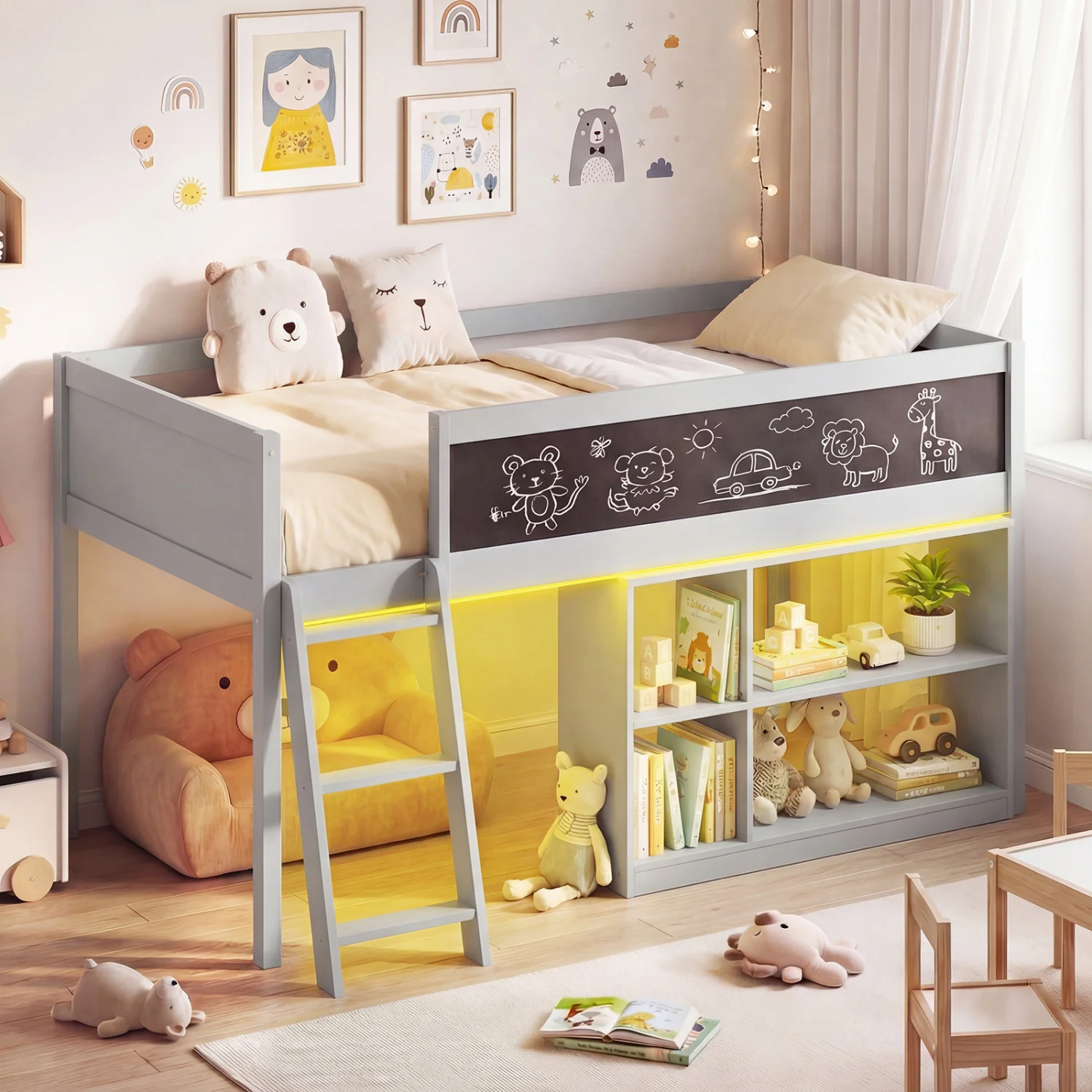 Twin Size Kids Loft Bed with LED Lights and Removable Bookcase, Gray - Image 3