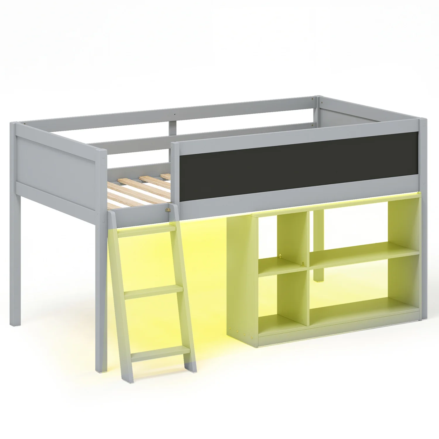 Twin Size Kids Loft Bed with LED Lights and Removable Bookcase, Gray - Image 4