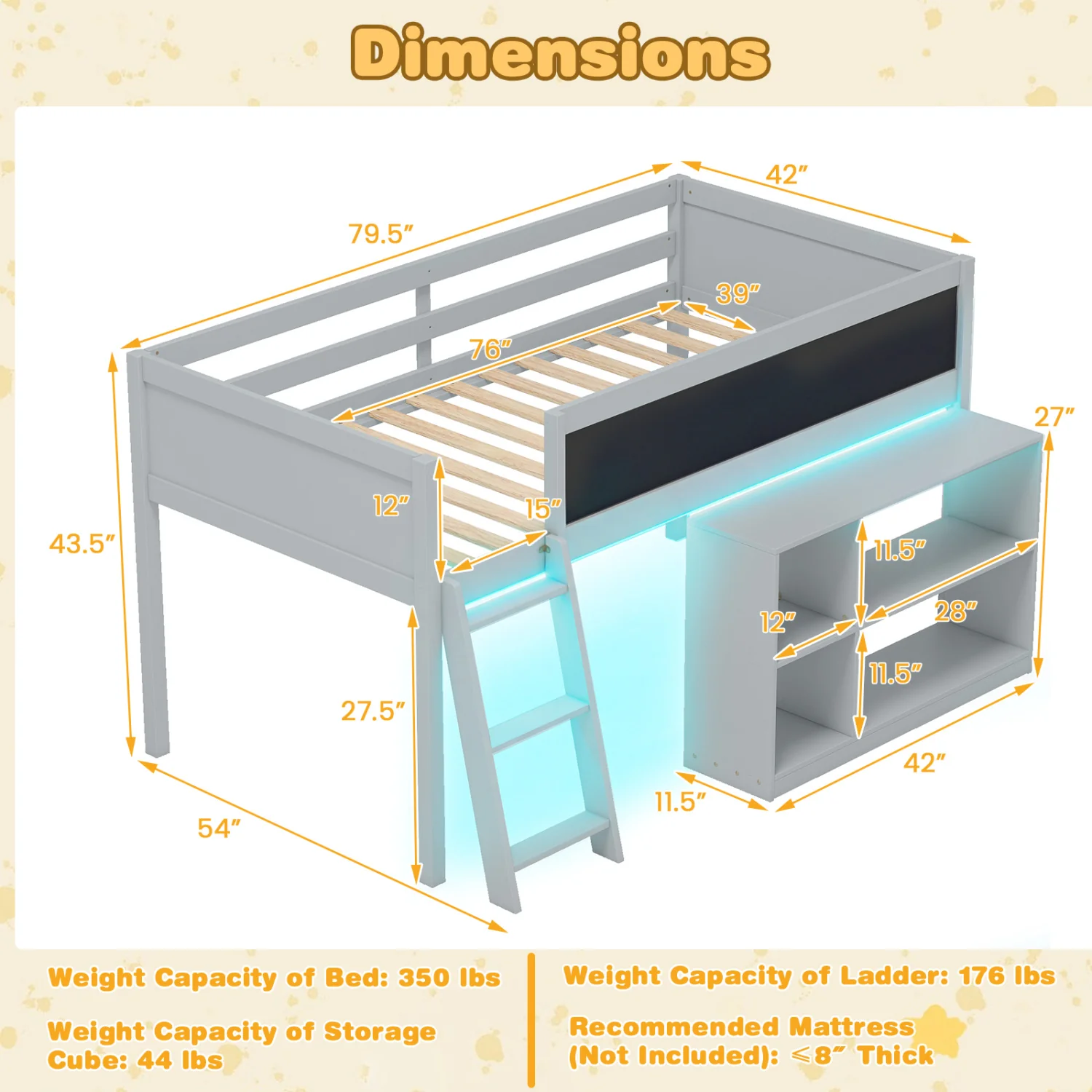 Twin Size Kids Loft Bed with LED Lights and Removable Bookcase, Gray - Image 5