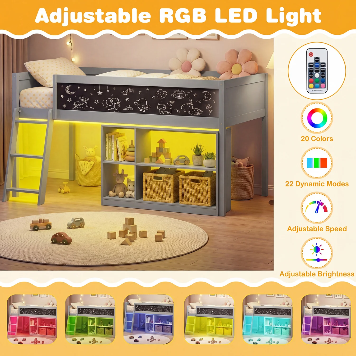 Twin Size Kids Loft Bed with LED Lights and Removable Bookcase, Gray - Image 6