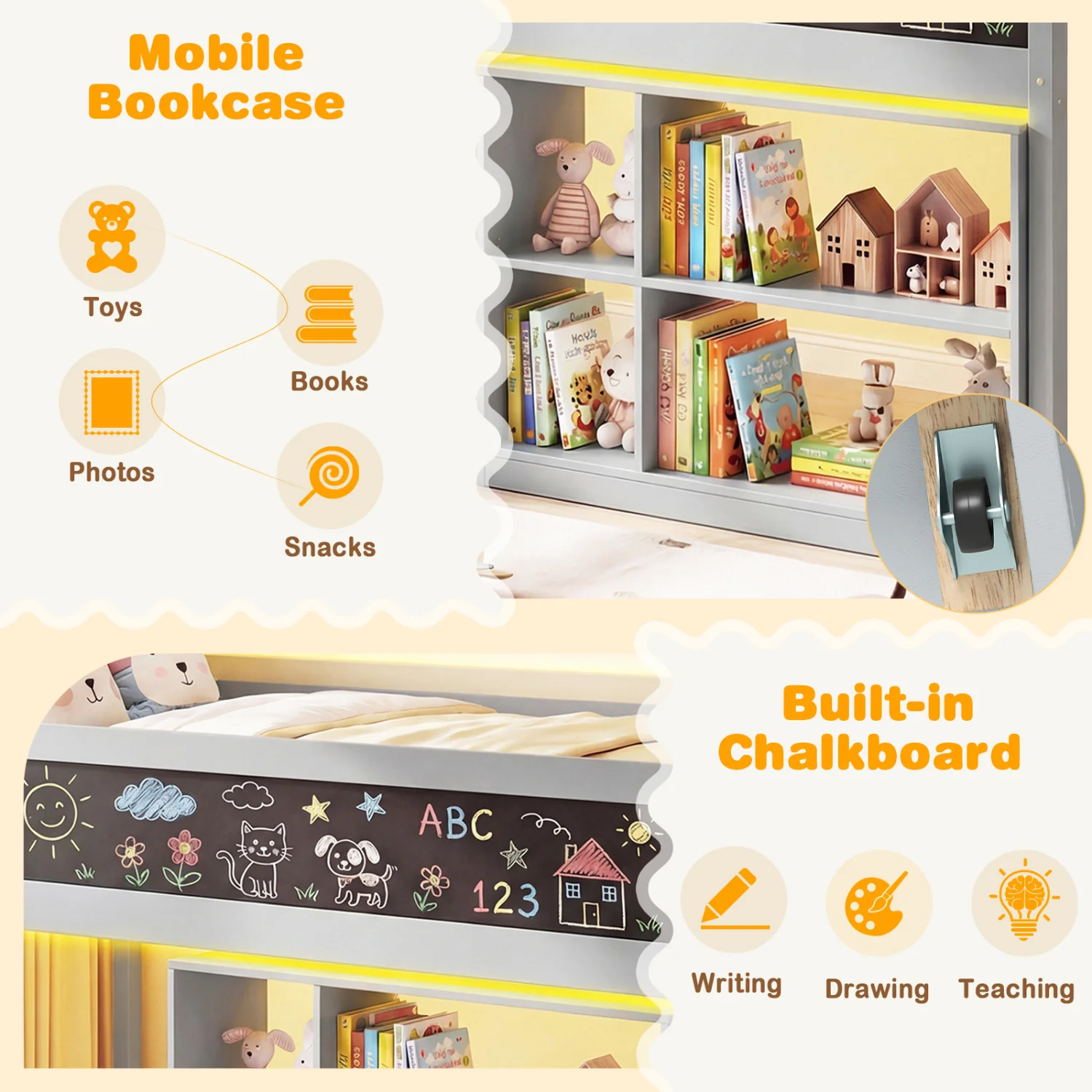 Twin Size Kids Loft Bed with LED Lights and Removable Bookcase, Gray - Image 7