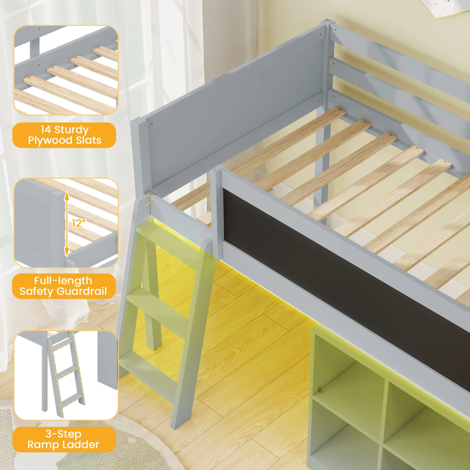 Twin Size Kids Loft Bed with LED Lights and Removable Bookcase, Gray - Image 8