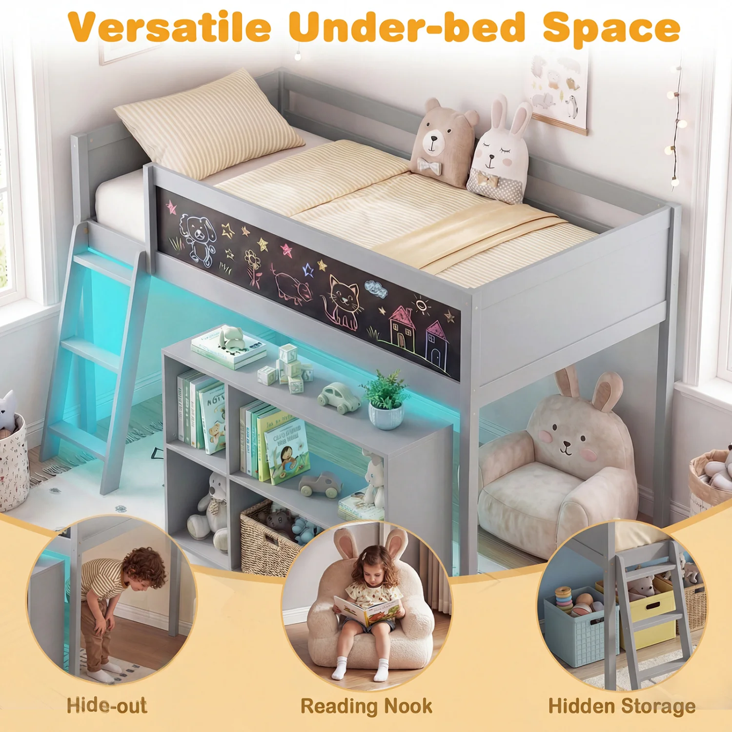Twin Size Kids Loft Bed with LED Lights and Removable Bookcase, Gray - Image 9