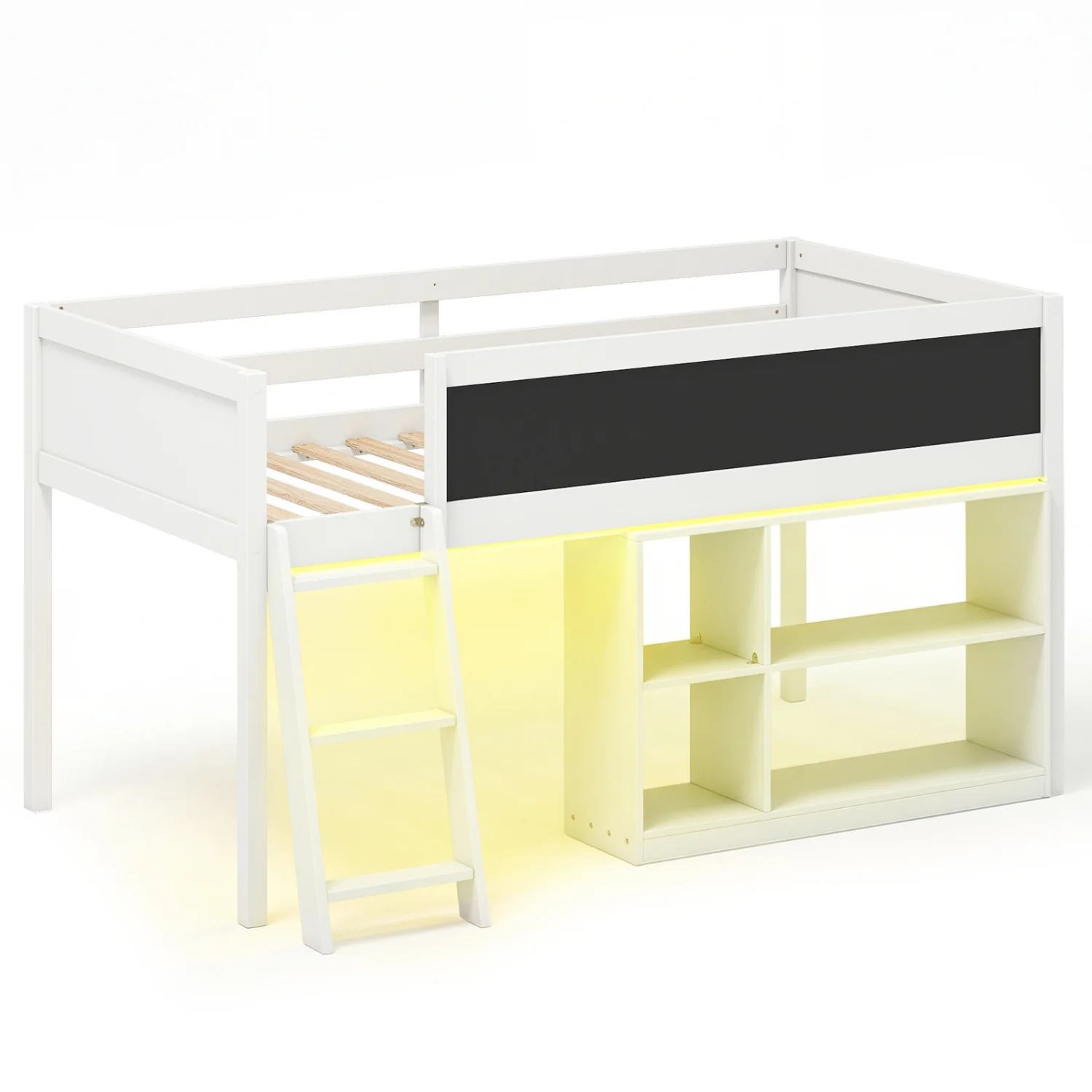 Twin Size Kids Loft Bed with LED Lights and Removable Bookcase, White