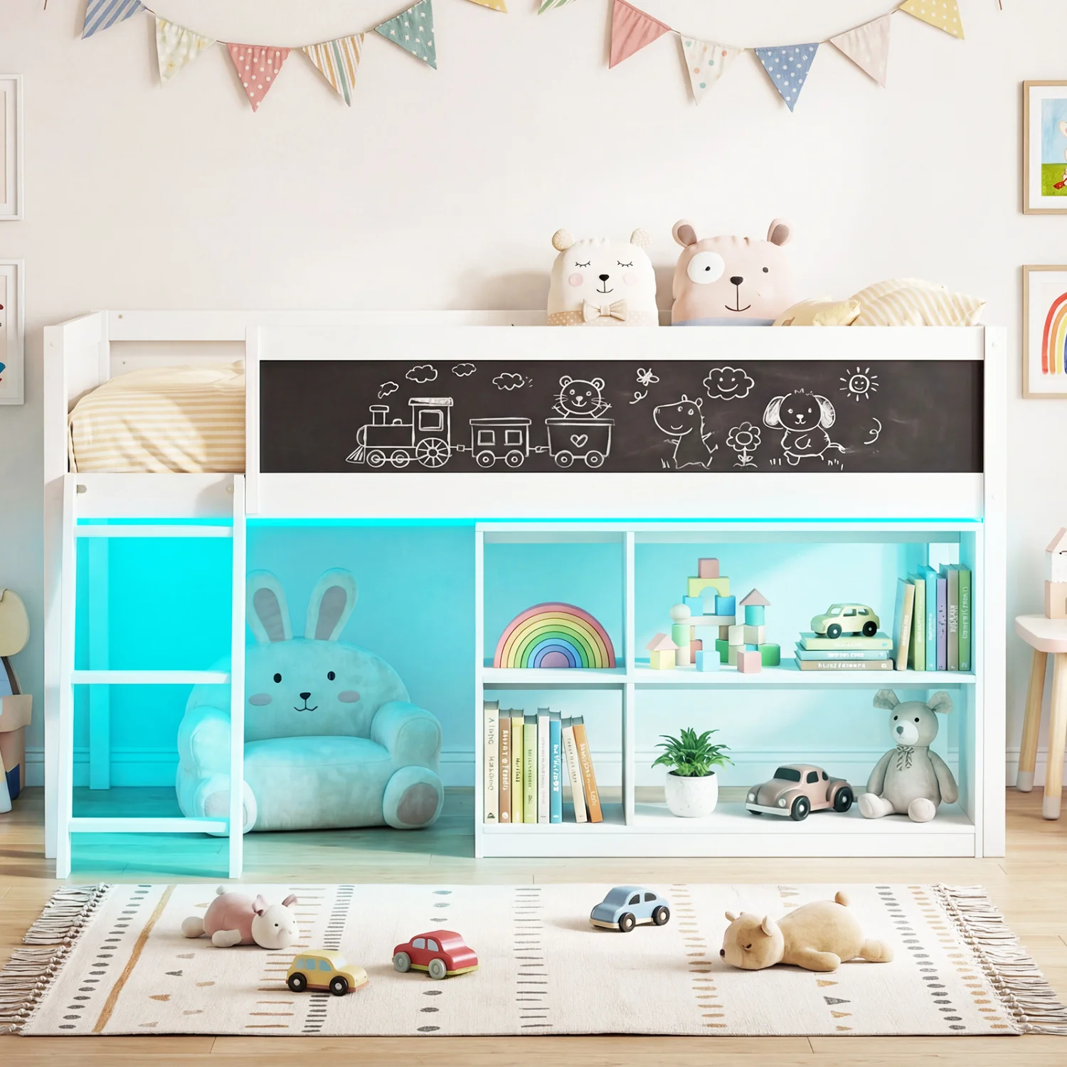 Twin Size Kids Loft Bed with LED Lights and Removable Bookcase, White - Image 10