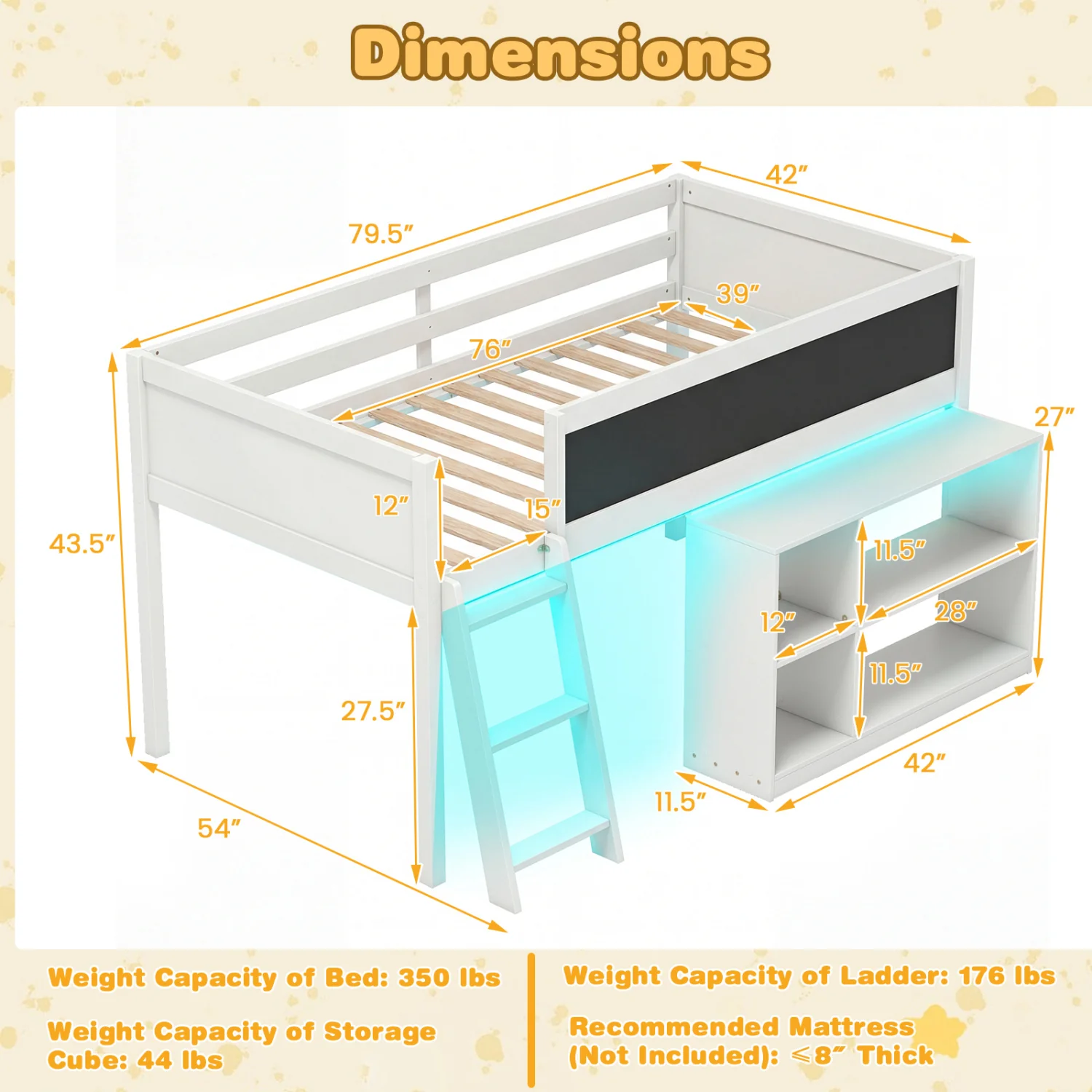 Twin Size Kids Loft Bed with LED Lights and Removable Bookcase, White - Image 5