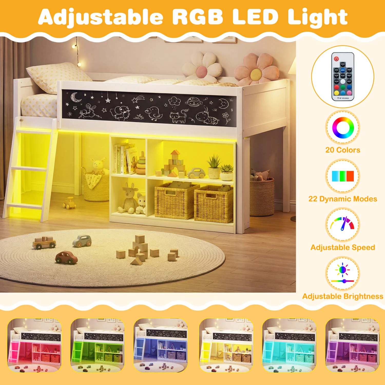 Twin Size Kids Loft Bed with LED Lights and Removable Bookcase, White - Image 6