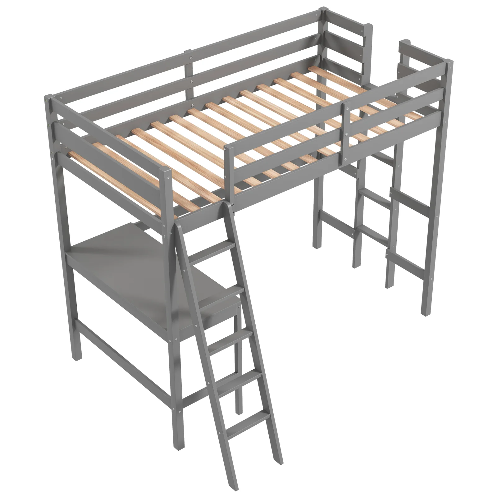 Twin Size Loft Bed Frame With Desk, Angled Ladder, Gray