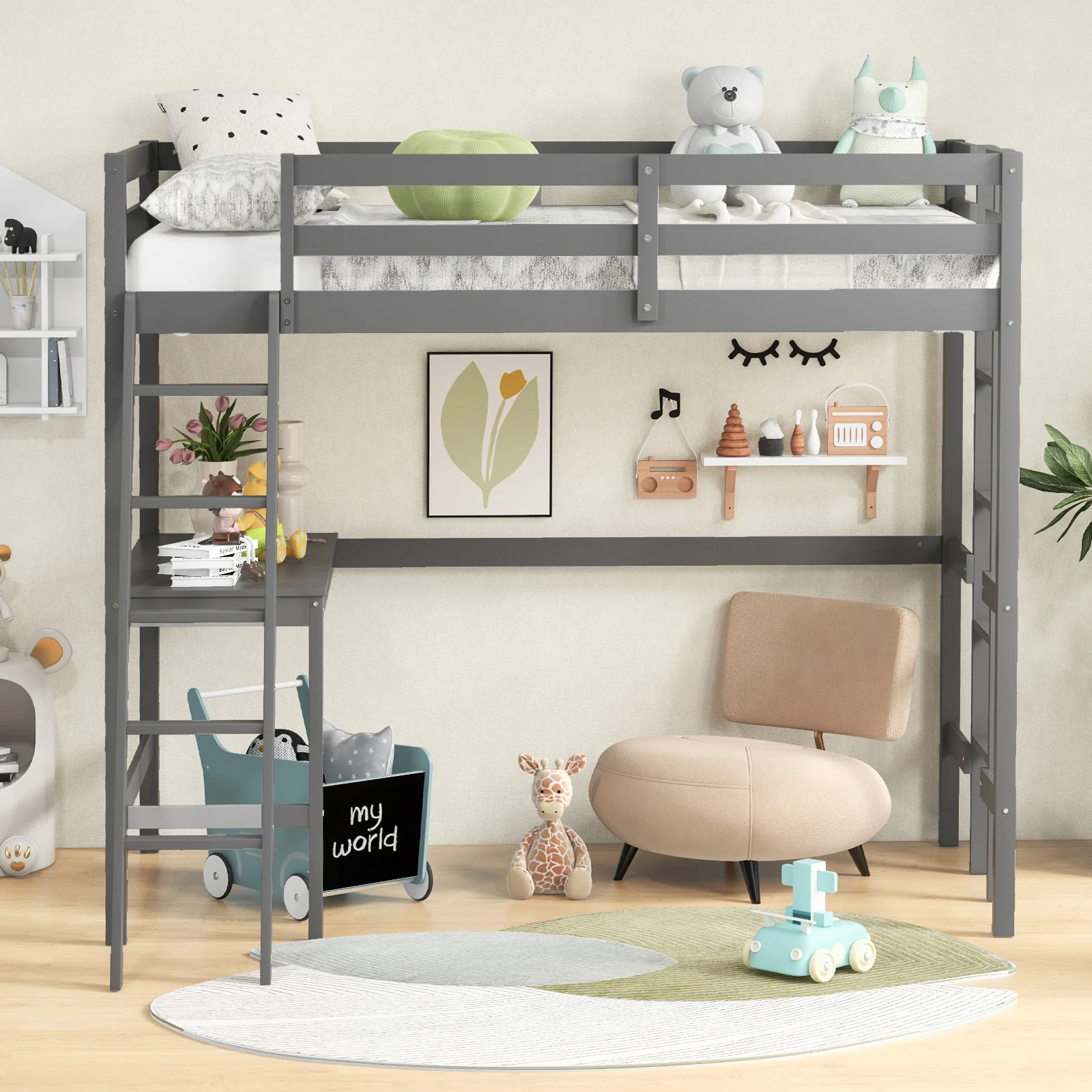 Twin Size Loft Bed Frame With Desk, Angled Ladder, Gray - Image 2